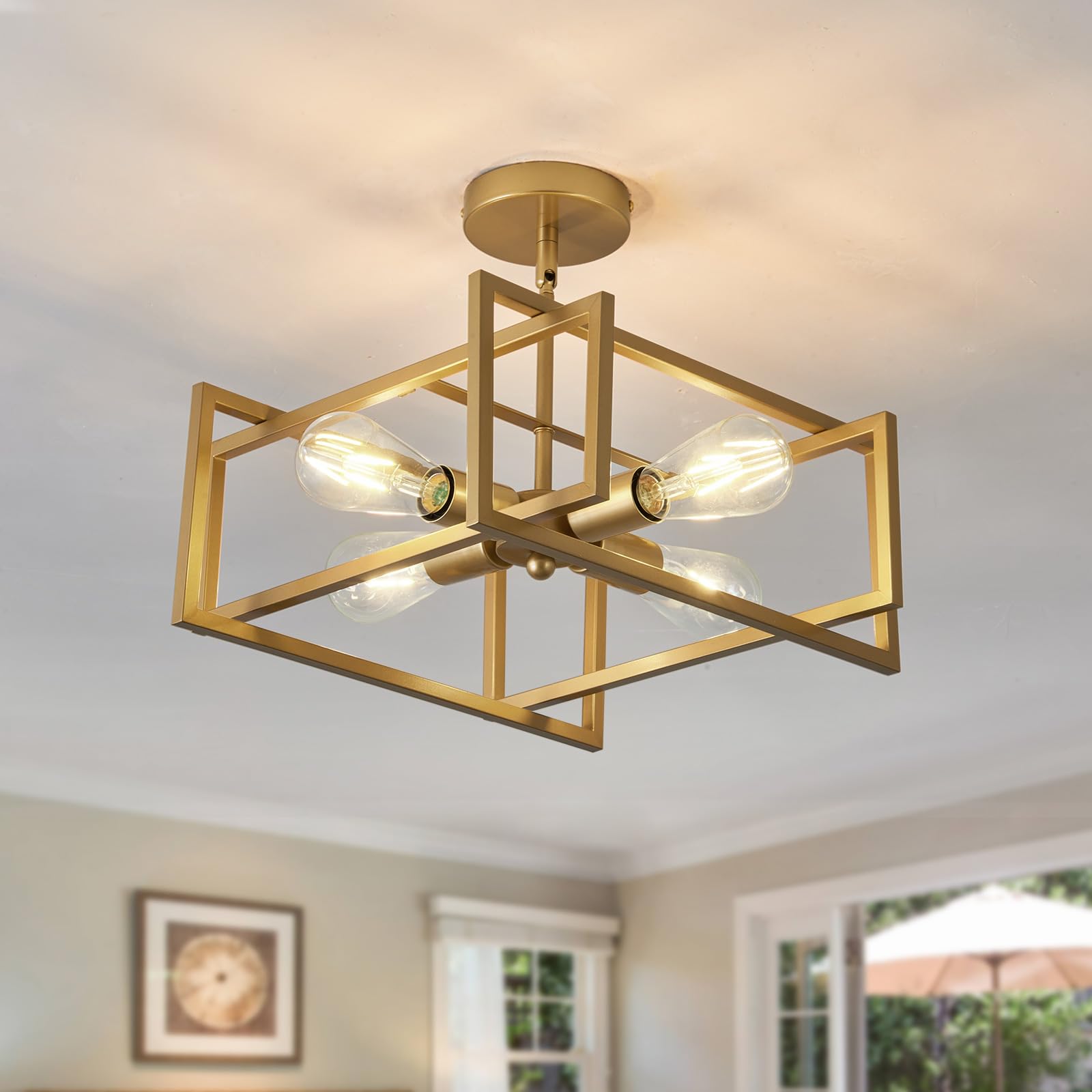 ZGLAOJT 4-Lights Ceiling Light Gold Light Fixture Industrial Flush Mount Ceiling Light Farmhouse Chandelier Lighting for Kitchen Island Dining Room Bedroom Foyer Hallway