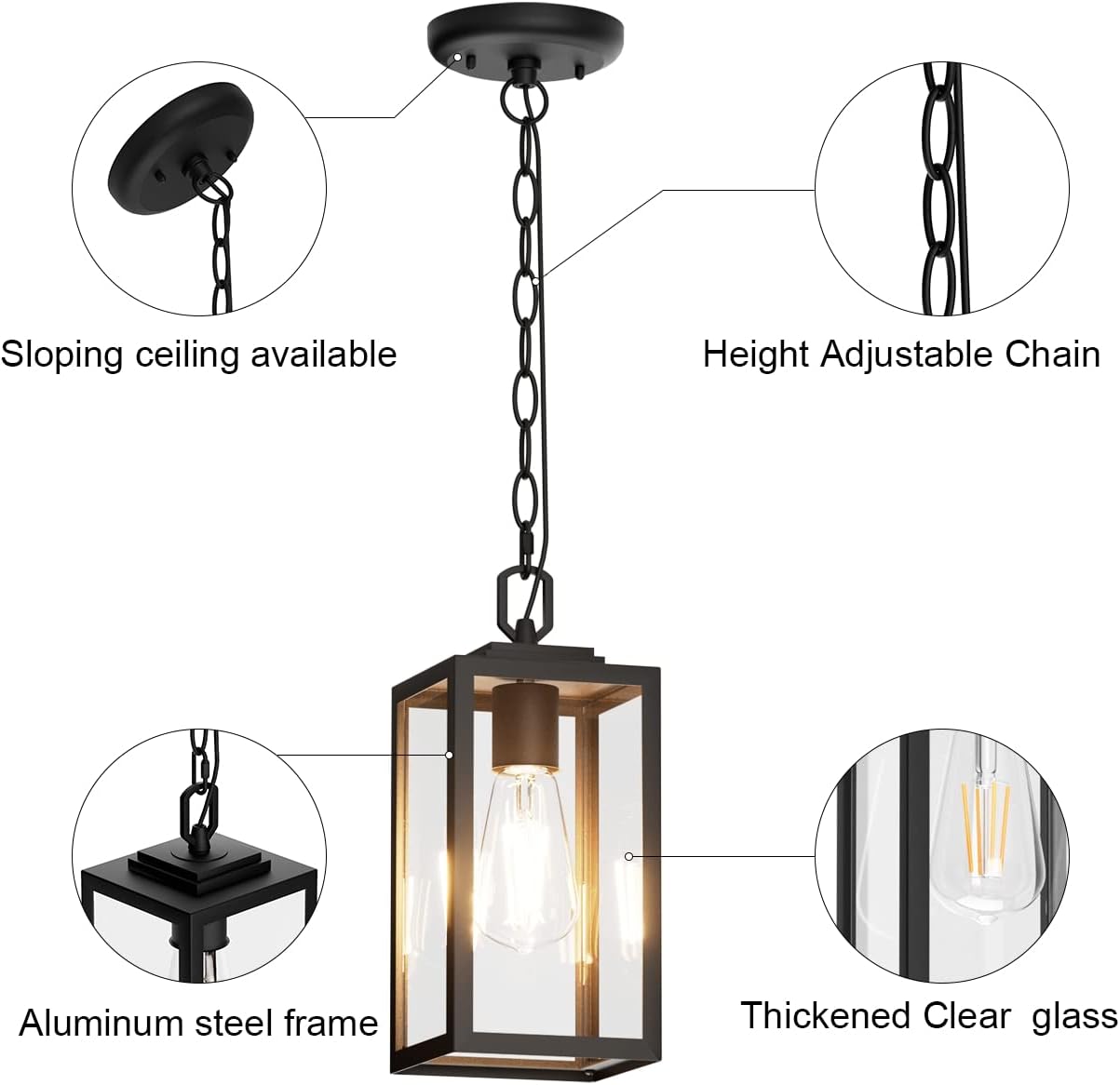 Modern Outdoor Pendant Light, 1-Light Outdoor Hanging Lantern Light, Matte Black Aluminum with Clear Glass, Exterior Pendant Lighting Fixture for Porch, Yard, Gazebo