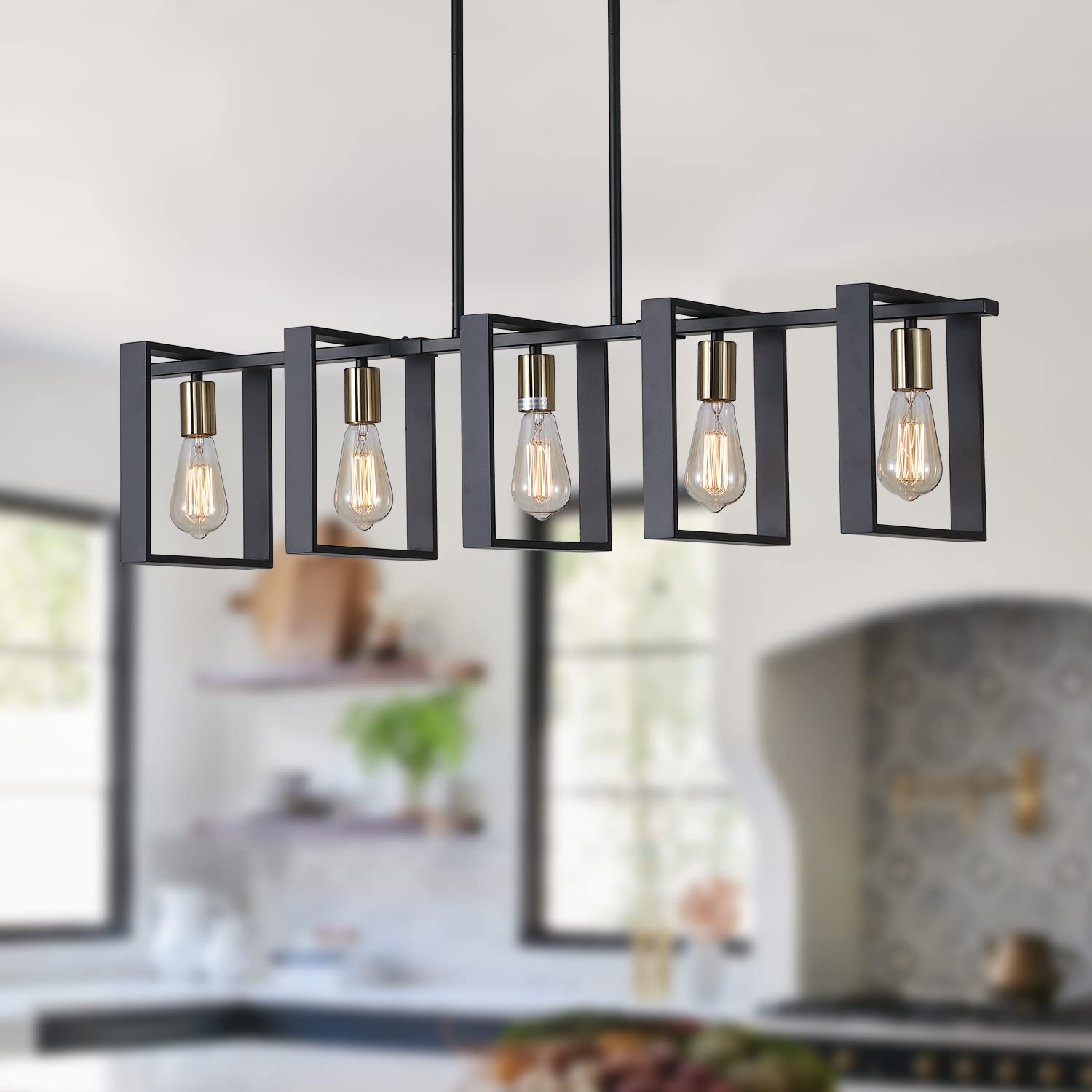 9MMML 3 Lights Kitchen Island Lighting, Modern Rectangle Linear Pendant Light, Black Frame+ Gold Socket Chandelier for Dining &Living Room Foyer Entryway Hallway,E26,Height Adjustable.