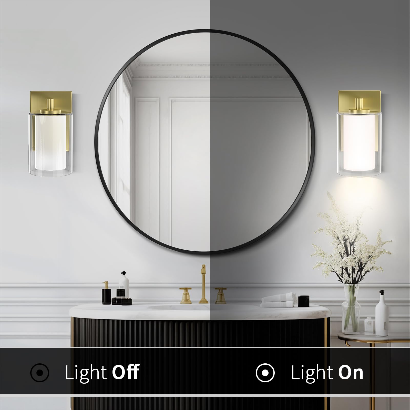 Wall Sconces Set of 2 Modern Vanity Lights with Double Clear Glass Shade Matte Black Indoor Farmhouse Wall Lights for Bathroom Living Room Bedroom Hallway Bulb E26 Base (Bulbs Not Included)