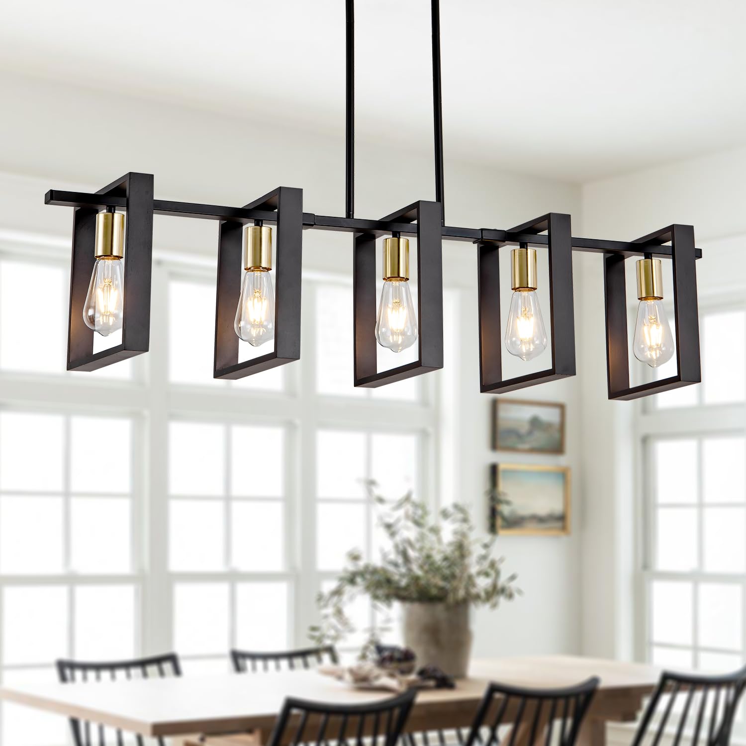 Farmhouse Kitchen Island Lighting Black Chandeliers for Dining Room Wooden Island Lights,Industrial Rectangle Light Fixtures Ceiling Hanging (4 Lights)