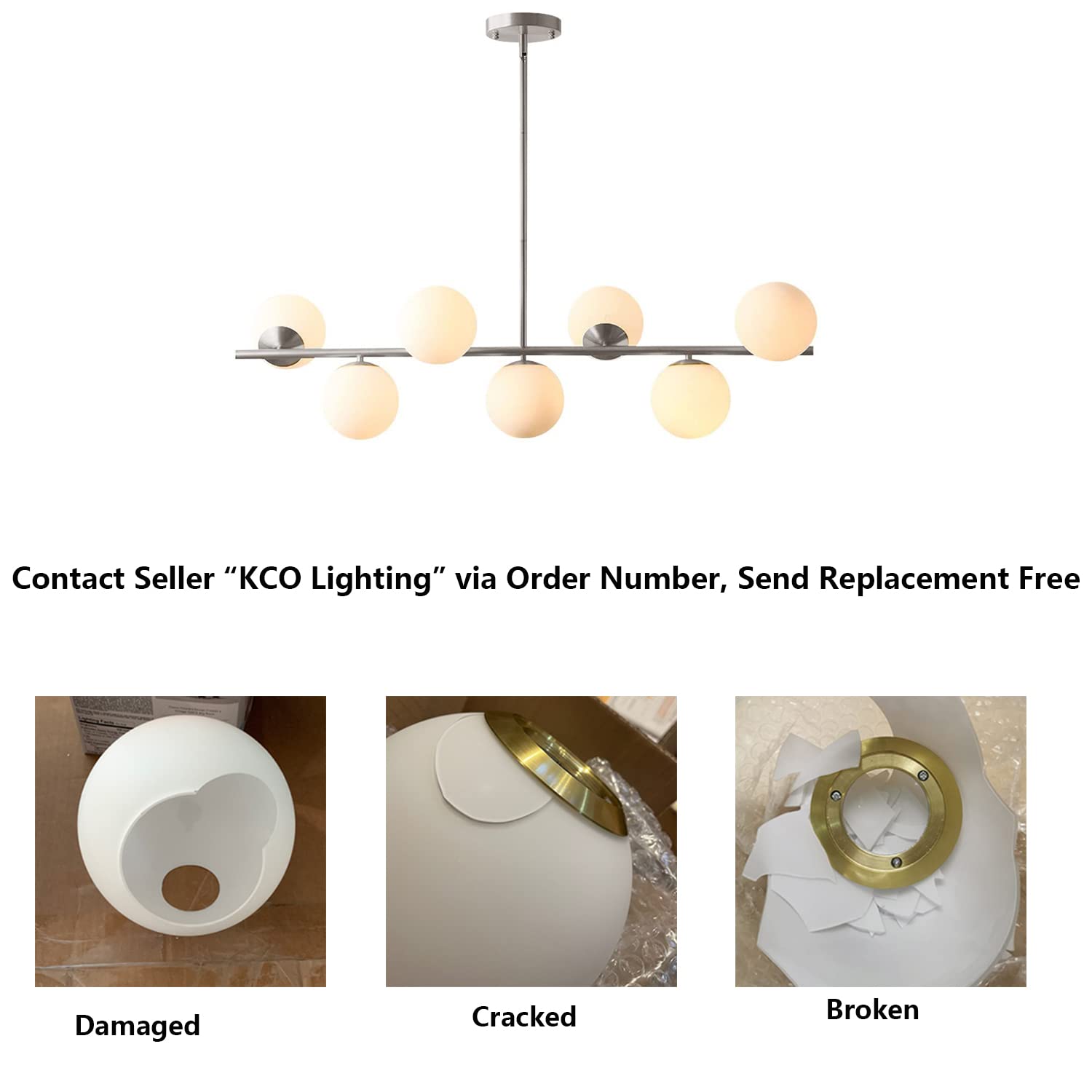 KCO Lighting Modern Brass Linear Chandelier Pendant Light 7-Lights Gold and White Glass Pendant Lighting Mid Century Globe Dining Light Fixture for Living Room Kitchen