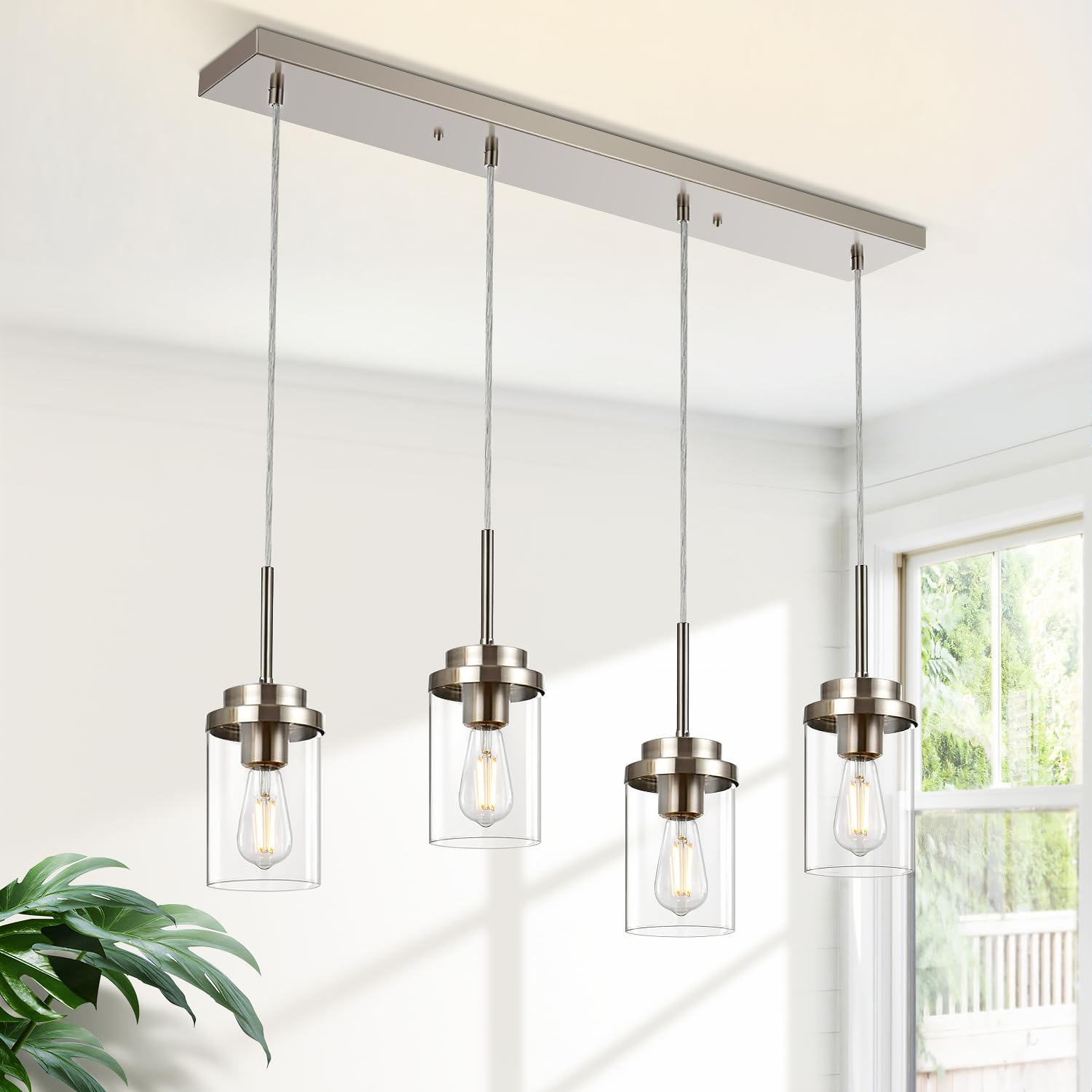 Island Lights for Kitchen, 4-Light Dining Room Light Fixtures, Modern Chandeliers for Dining Rooms Over Table Brushed Nickel Pendant Lights Linear Kitchen Island with Clear Glass Shade