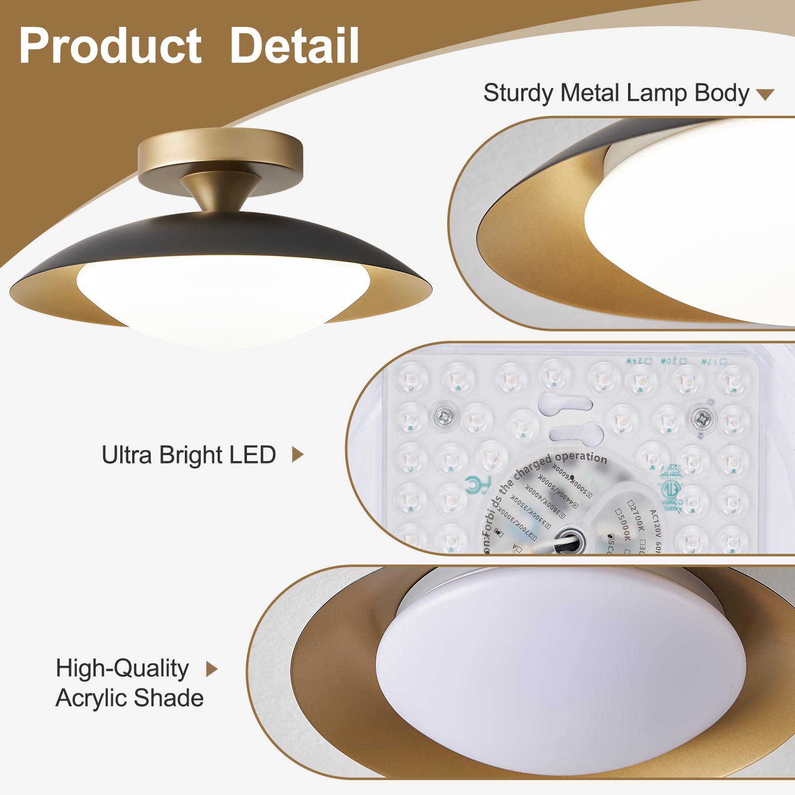 Dimmable White and Gold Ceiling Light, Mid-Century Semi-Flush Mount Ceiling Light, Modern LED Lighting Fixture, 5CCT 2700K-6000K Ceiling Lamp for Bedroom Hallway Laundry Room Kitchen 11.8 in