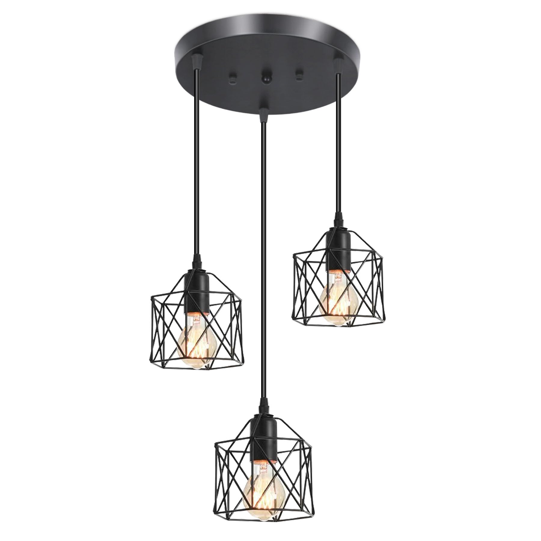 3-Light Hanging Pendant Light Fixtures, Farmhouse Kitchen Island Light Fixture, Industrial Hanging Pendant Lighting for Dining Room Bedroom Hallway, Black Metal Cage Pendant Lamp, E26 Base