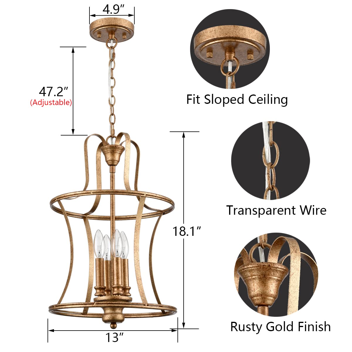 Modern Lantern Pendant Light 4-Light Lantern Chandelier Lighting, Rusty Gold Lantern Pendant Lightis for Kitchen Island Dining Room Entryway