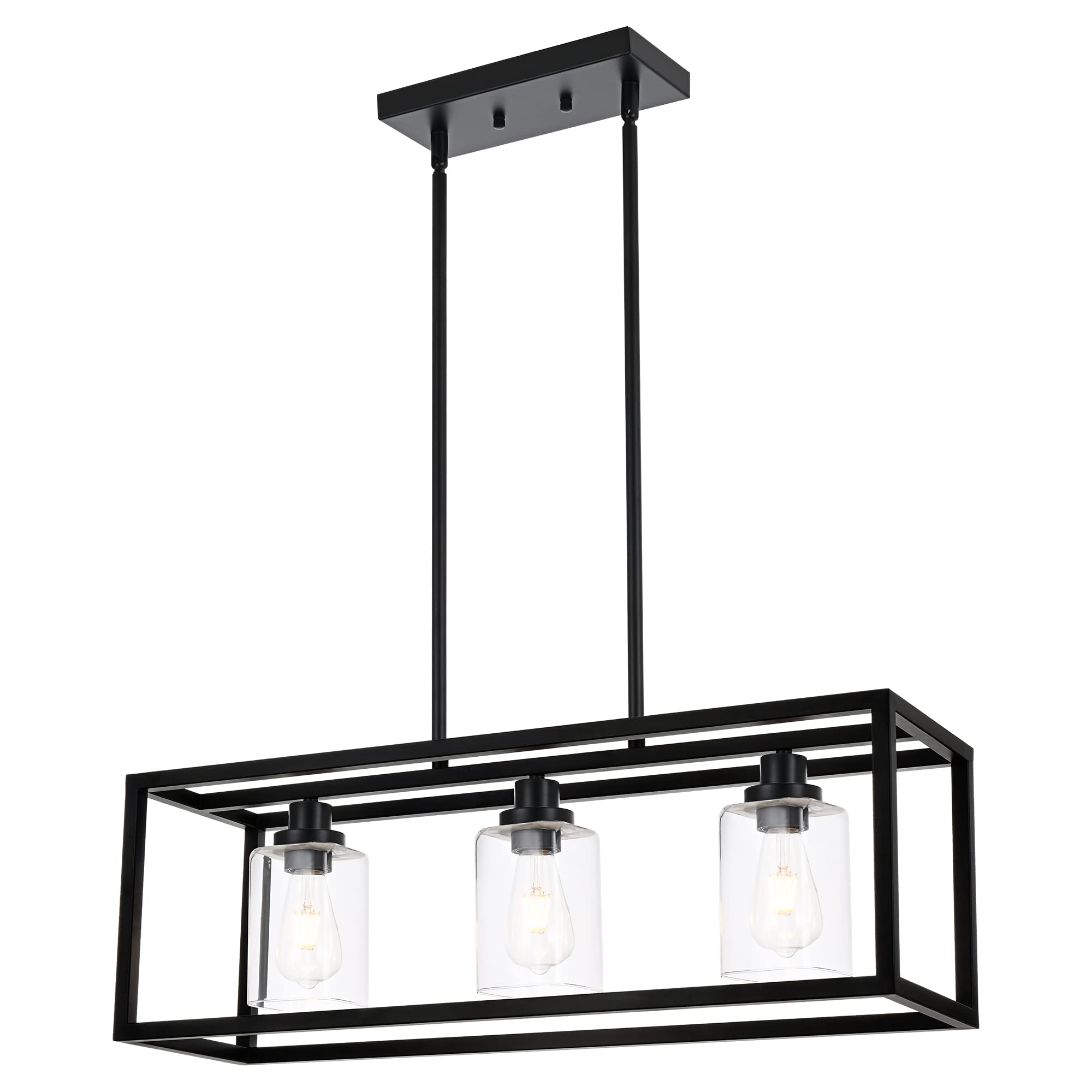 3 Light Kitchen Island Lighting Linear Chandelier Black Pendant Lighting with Rectangular Clear Glass Shade for Dining Room Bar Kitchen Pool Table, Adjustable Height