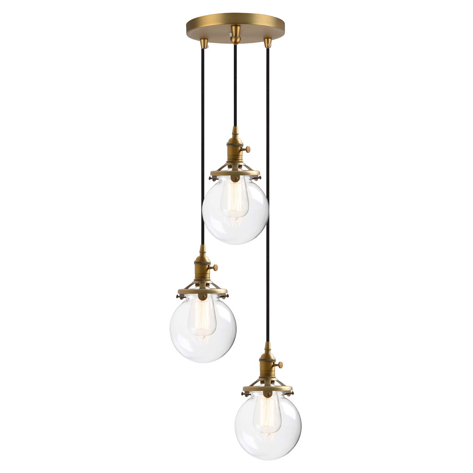 3-Light Cluster Pendant Light, Antique Brass Chandelier with 5.9" Globe Glass Shade, Foyer Chandeliers Entryway High Ceiling Staircase Lights (Antique)