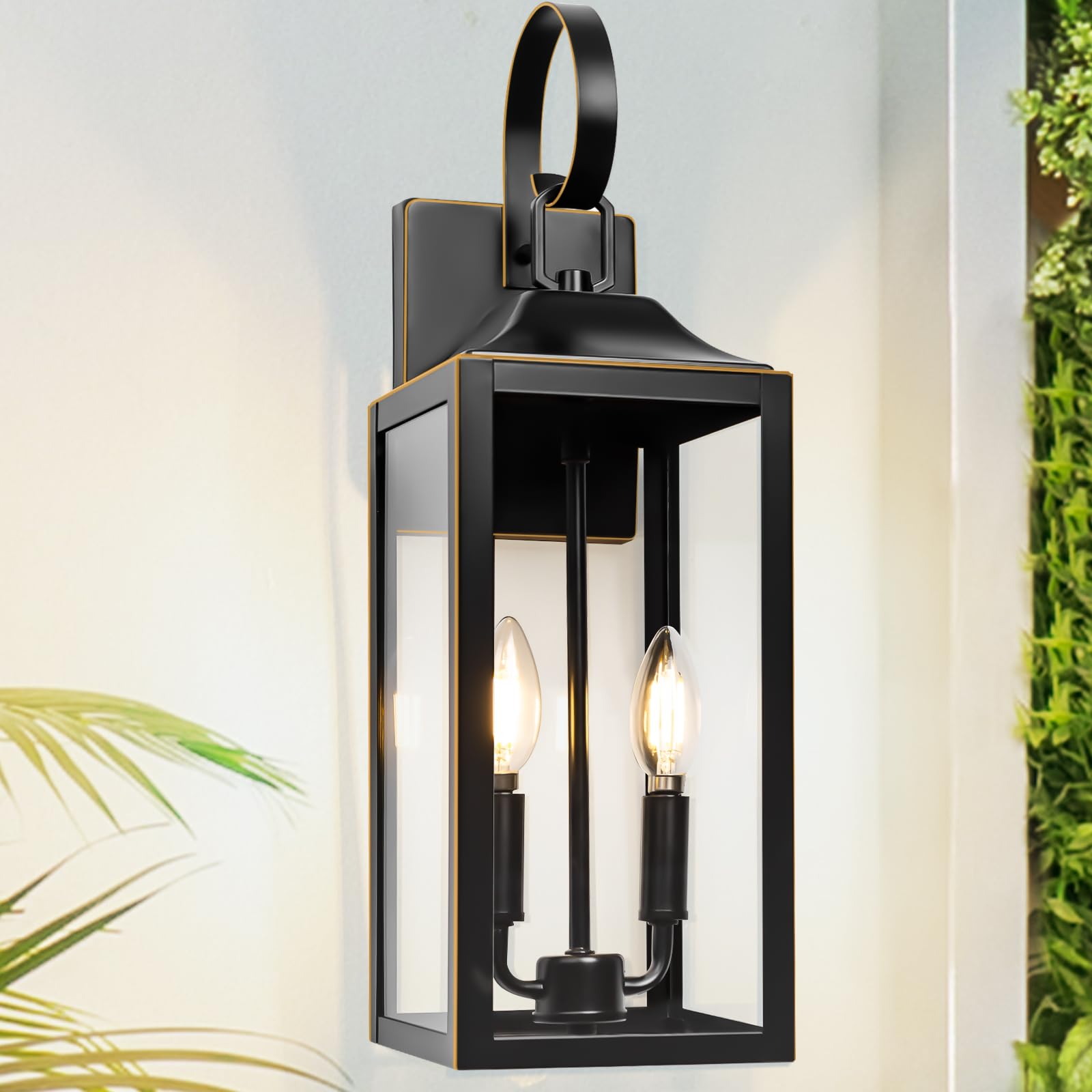 19" Black Outdoor Wall Lantern 2-Light, Large Outside Modern Wall Sconce Light Fixture, Industrial Porch Light Wall Mount with Glass, Waterproof Farmhouse Exterior Lamp Lighting （1 Pack）