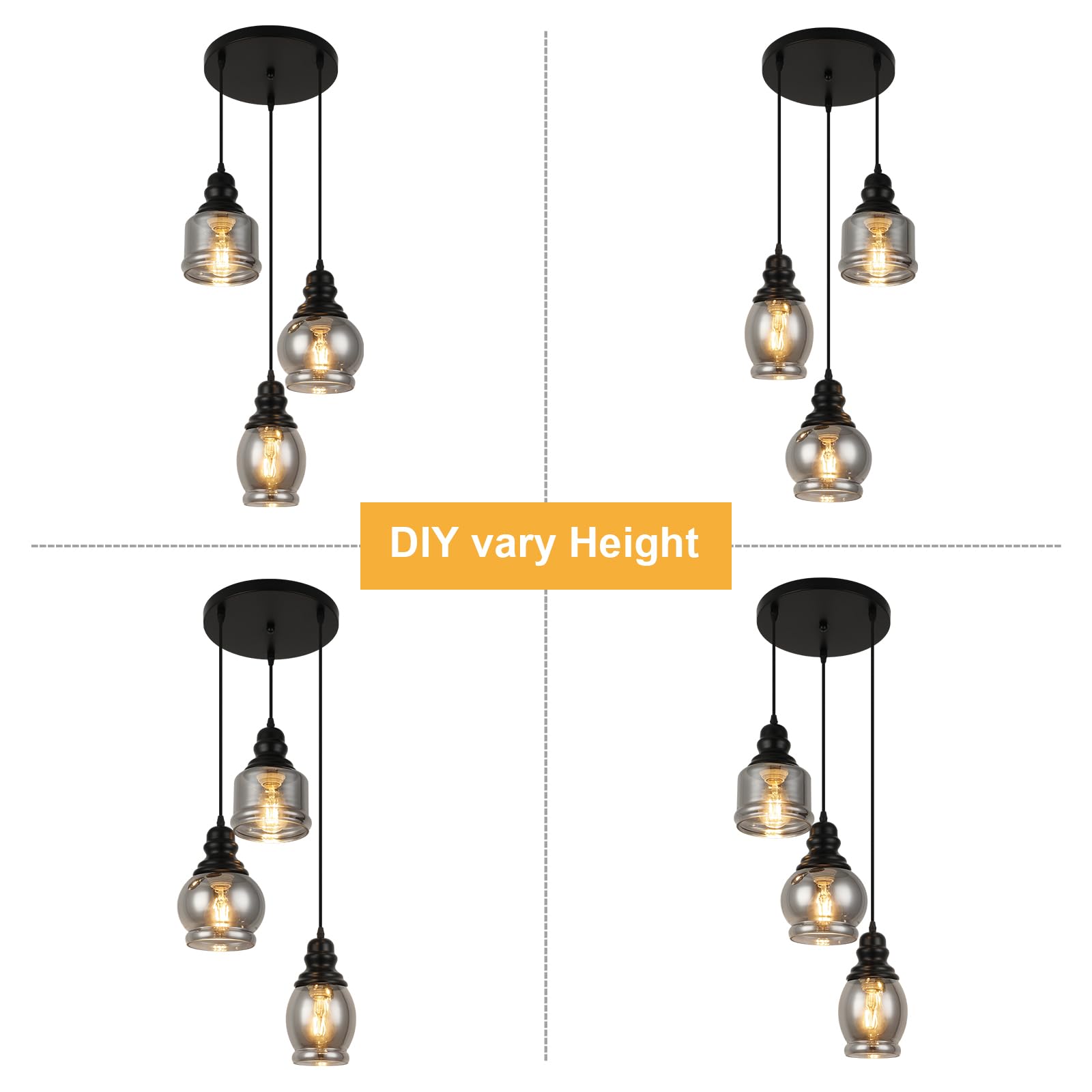 WILON Industrial Pendant Lighting, Pendant Lights for Kitchen Island 3 Light Glass Pendant Light Fixture with Seeded Glass Shade, Adjustable Cord Farmhouse Ceiling Light Black finish Linear Chandelier