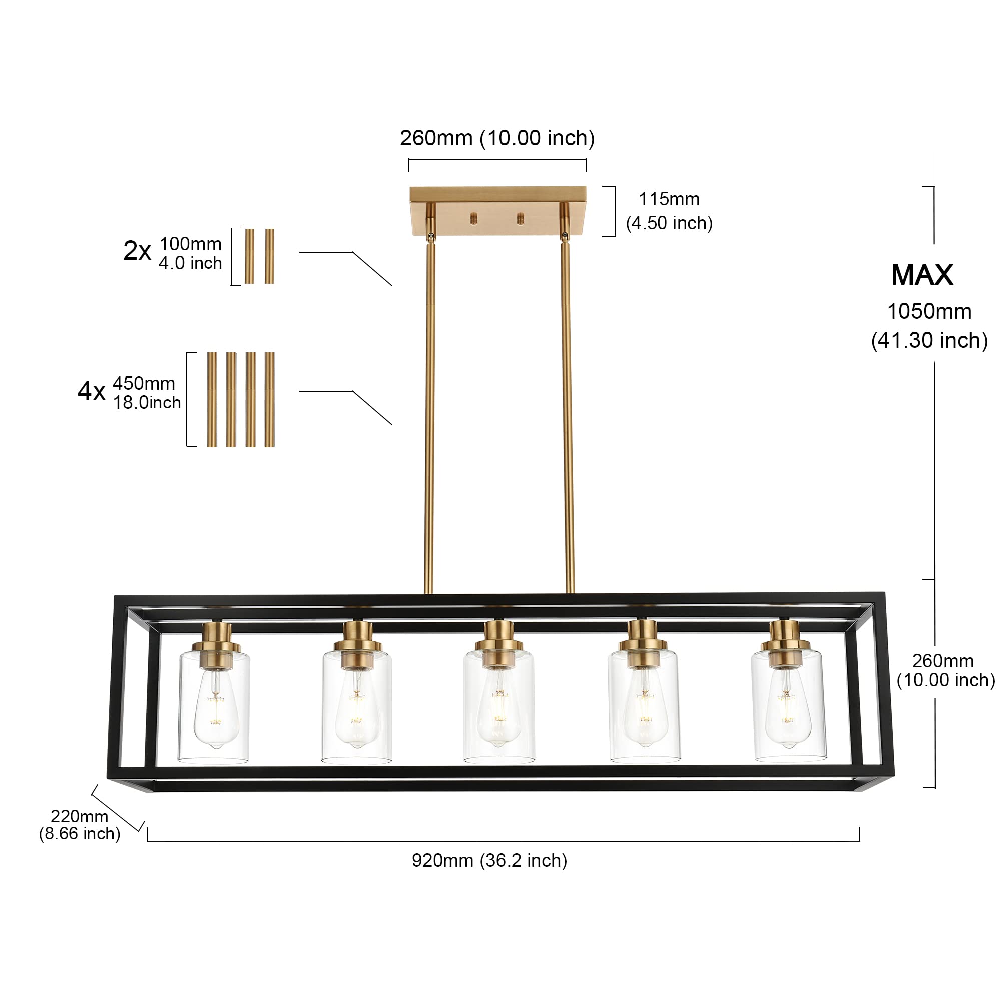 MELUCEE Black Chandeliers Rectangle 5 Lights Dining Room Lighting Fixtures Hanging Over Table, Kitchen Island Lighting Linear Pendant Light Ceiling with Clear Glass Shade and Brushed Brass Socket