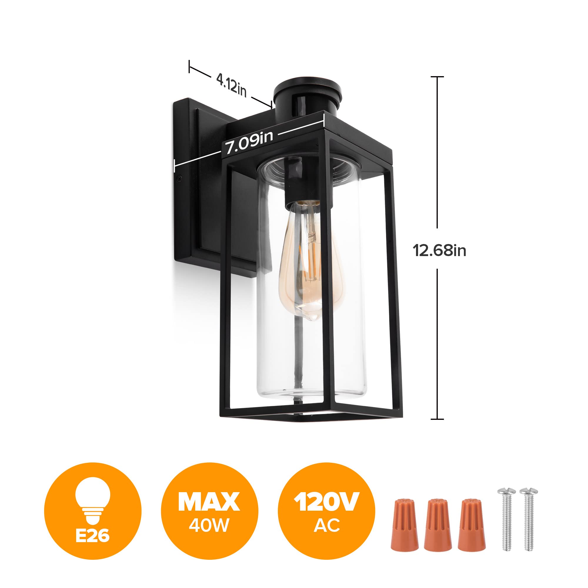 Outdoor Wall Sconce, Modern Black Porch Light Fixtures, Exterior Light Fixtures Wall Mount Light with Clear Glass, Waterproof Wall Lantern for for Garage, Doorway