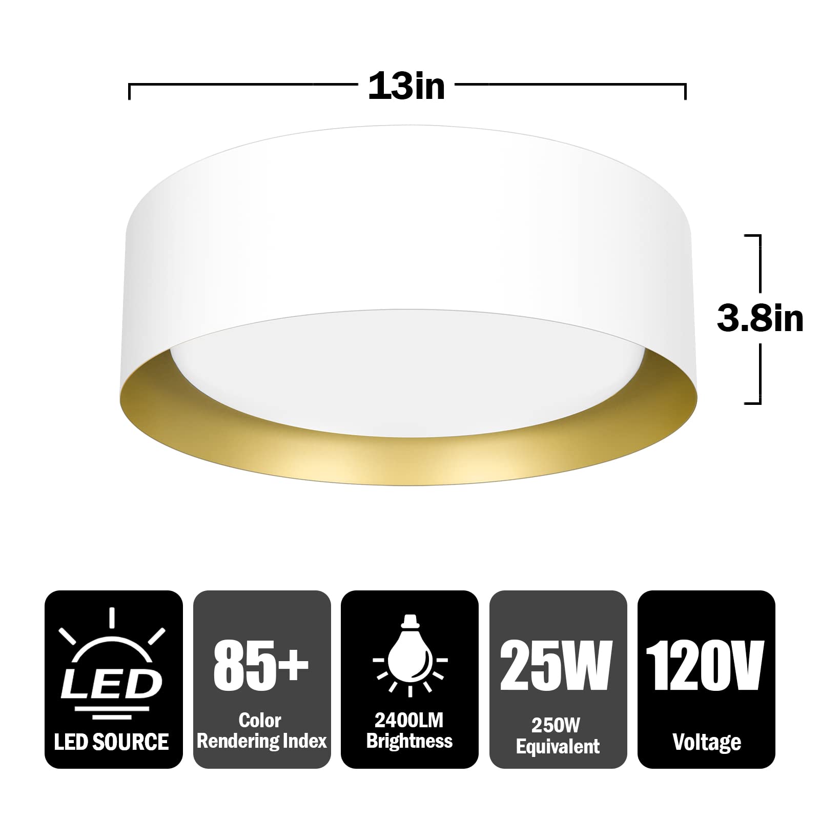 Flush Mount Ceiling Light, 13in 25W(250W Equiv) 2400LM, LED Ceiling Light Fixture 3 Colors 3000K 4000K 5000K, Dimmable Black and Gold Modern Flush Mount Light for Bedroom Bathroom Hallway Kitchen