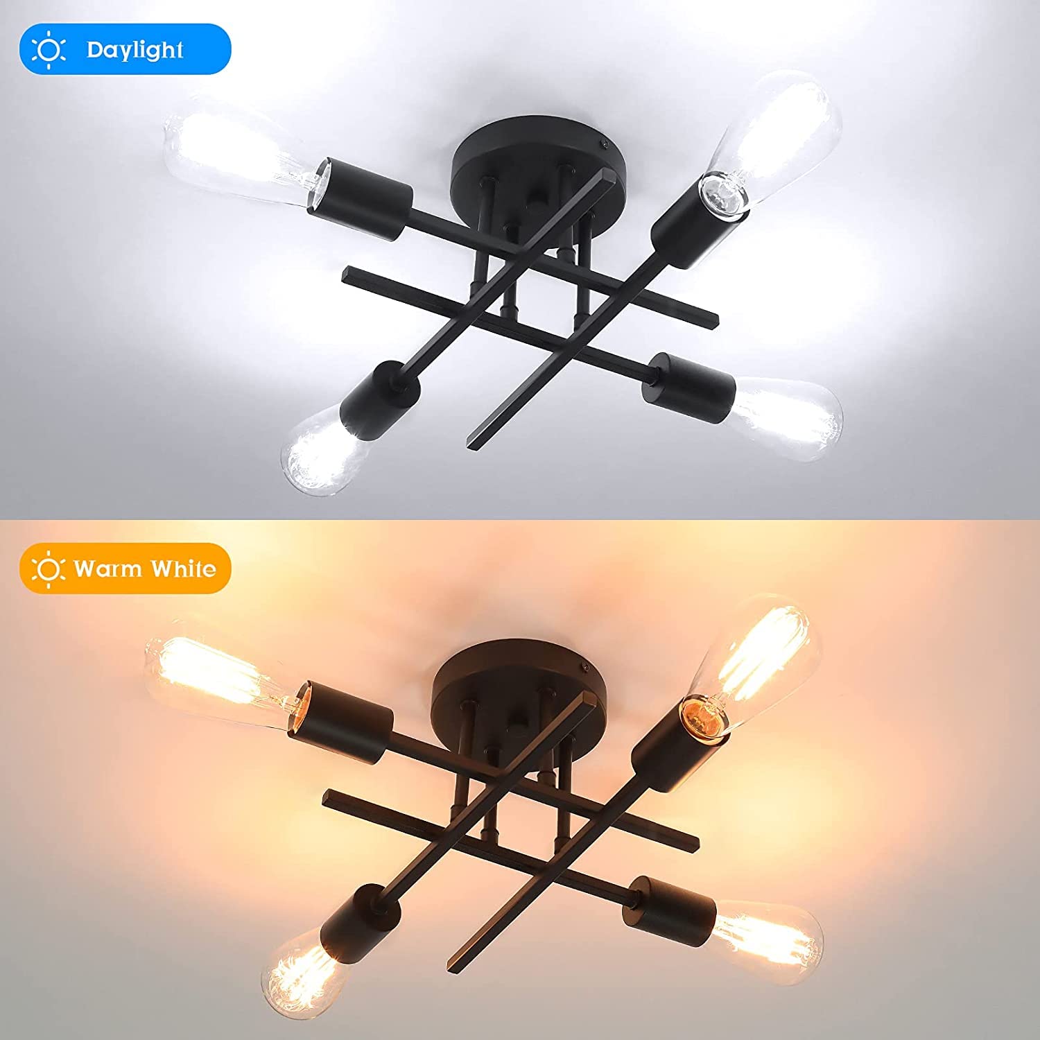 TOBUSA Semi Flush Mount Ceiling Light Fixture Matte Black, Modern Sputnik Close to Ceiling Light, Chandelier Light Fixture Ceiling for Bedroom Kitchen Living Room Dining Room, 4 Light E26 Socket