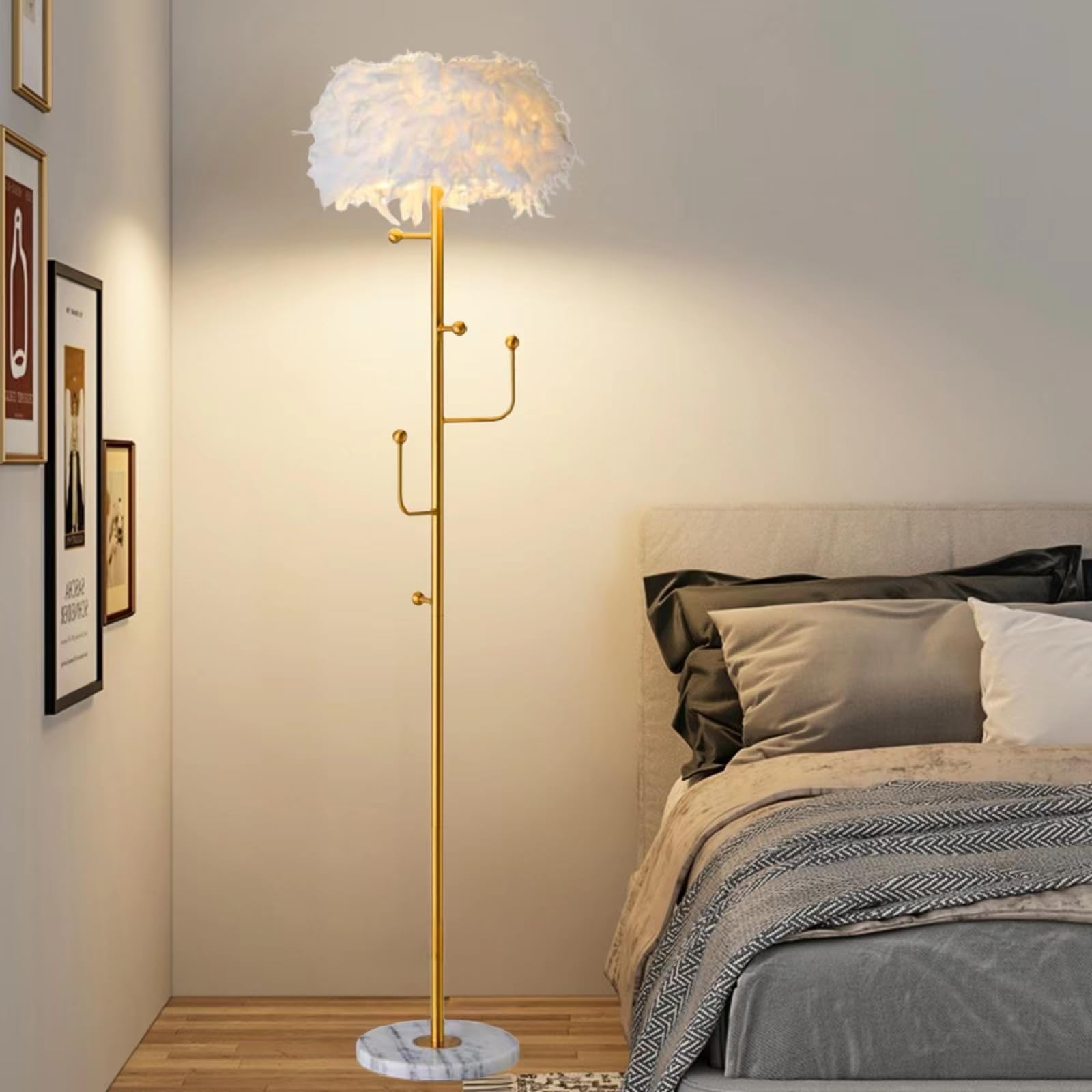 Floor Lamp White Natural Ostrich Unique Bedside Floor Lamps with Foot Switch Modern Gold Luxury LED Bulbs Resin Standing Light for Bedrooms Dining Room Living Room Kitchen 35 Pieces