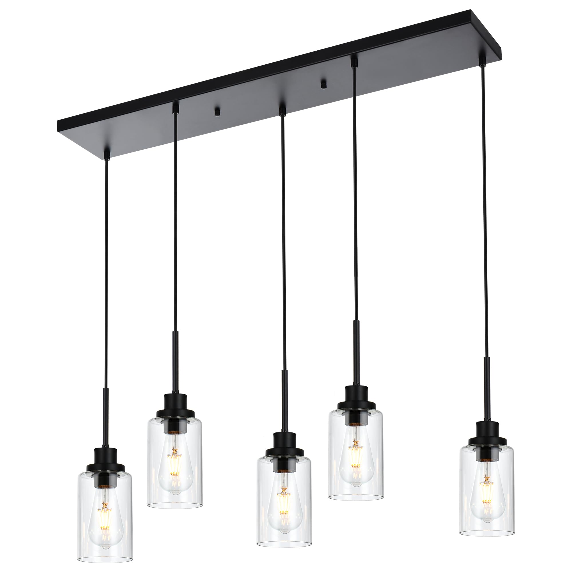 Black Pendant Lights for Kitchen Island, 5-Light Dining Room Light Fixtures Linear Chandeliers with Clear Glass Shade, DIY Hanging Lamp Ceiling for Dining Room Kitchen Bar