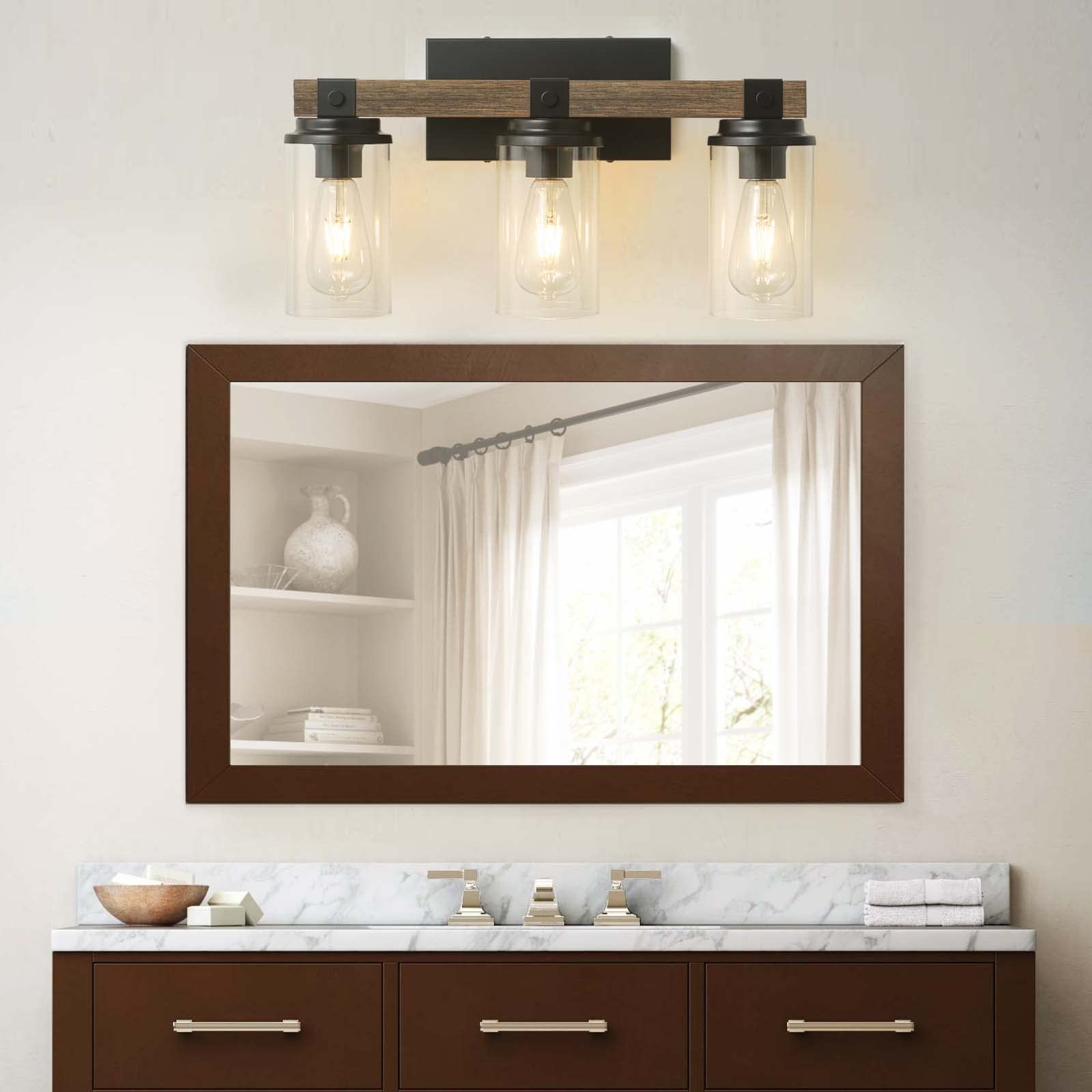 Farmhouse Bathroom Light Fixture Wood Black Vanity Lighting 2-Light Wooden Wall Sconce Industrial Rustic Wall Light Fixtures Over Mirror with Clear Glass Shade for Bathroom Hallway Kitchen Bedroom