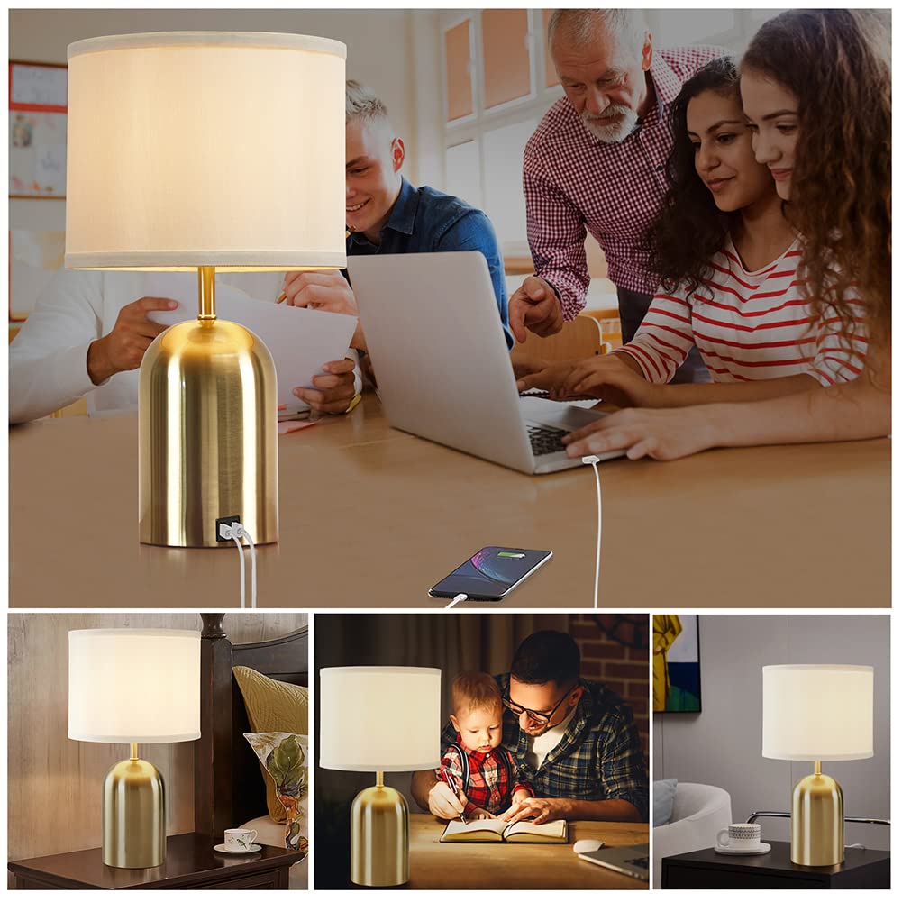 Touch Control Table Lamps Set of 2, Bedside Table Lamps for Bedrooms Set of 2 Modern Living Room 3 Way Dimmable Gold Bedside Lamp for End Table with 2 USB Charging Ports, 2 Bulbs Included