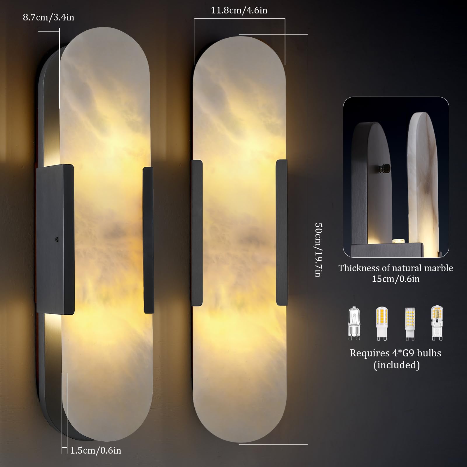 13.8 in Brass Alabaster Wall Sconces, Natural Marble Wall Sconces Set of Two Indoor Alabaster Sconces for Living Room Modern Alabaster Sconces Wall Lighting for Dining Room Stairs Bedroom