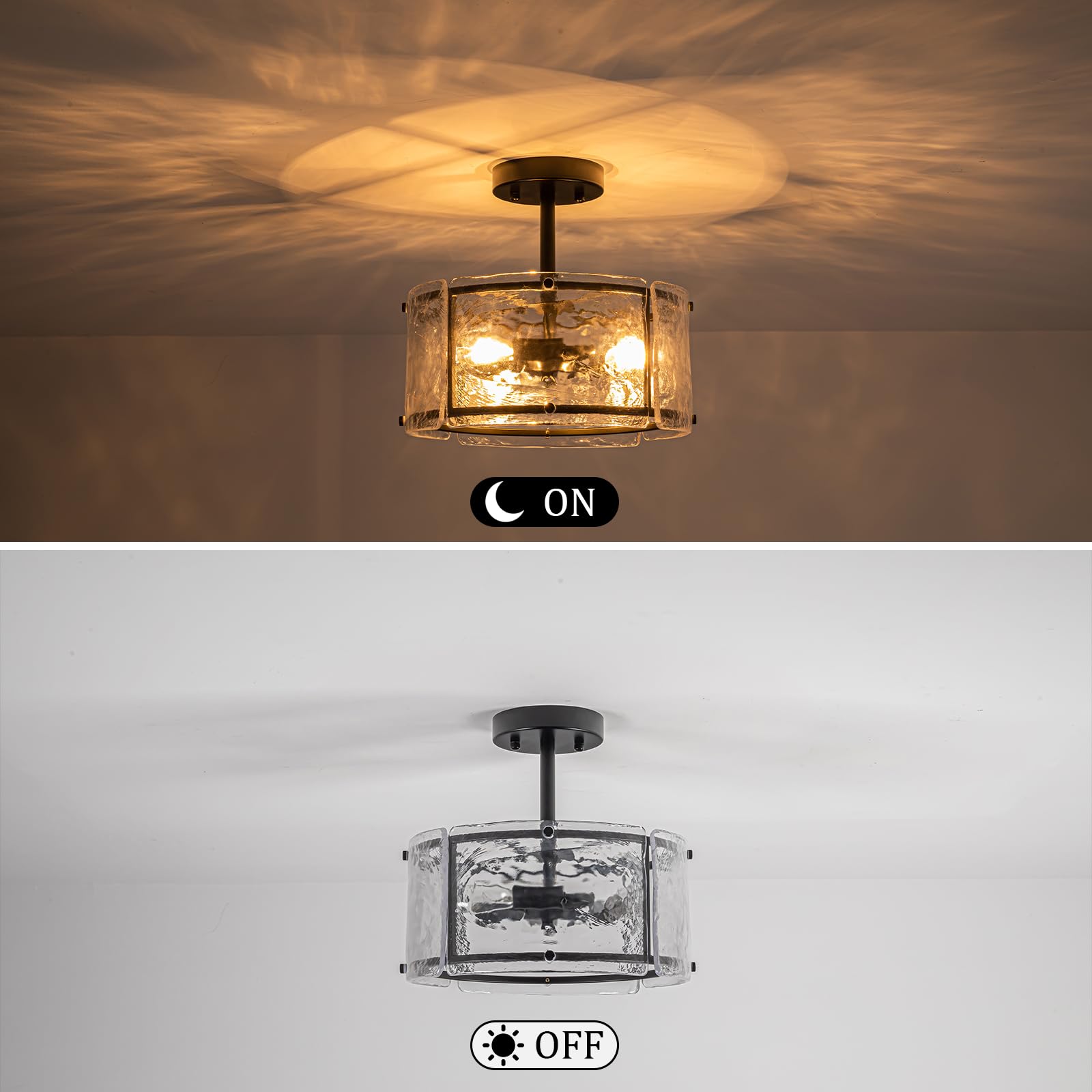 11.8" Small Black Semi Flush Mount Ceiling Light Fixture, 3 Light Drum Modern Farmhouse Glass Ceiling Light Fixtures for Foyer,Entryway,Hallway,Kithcen,Bedroom,Dining Room,Bathroom