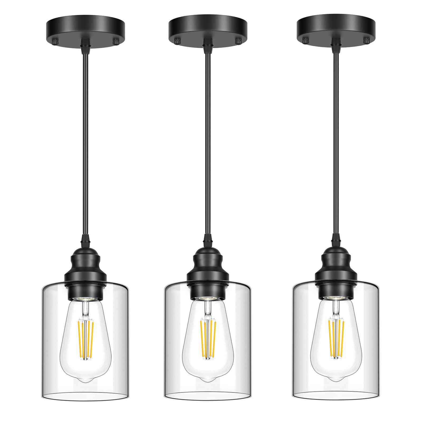 3 Pack Hanging Pendant Lighting Fixtures, Adjustable Black Hanging Ceiling Lamp with Clear Glass Shade, Modern Pendant Light for Kitchen Island, Dining Room, Bedroom, Hallway