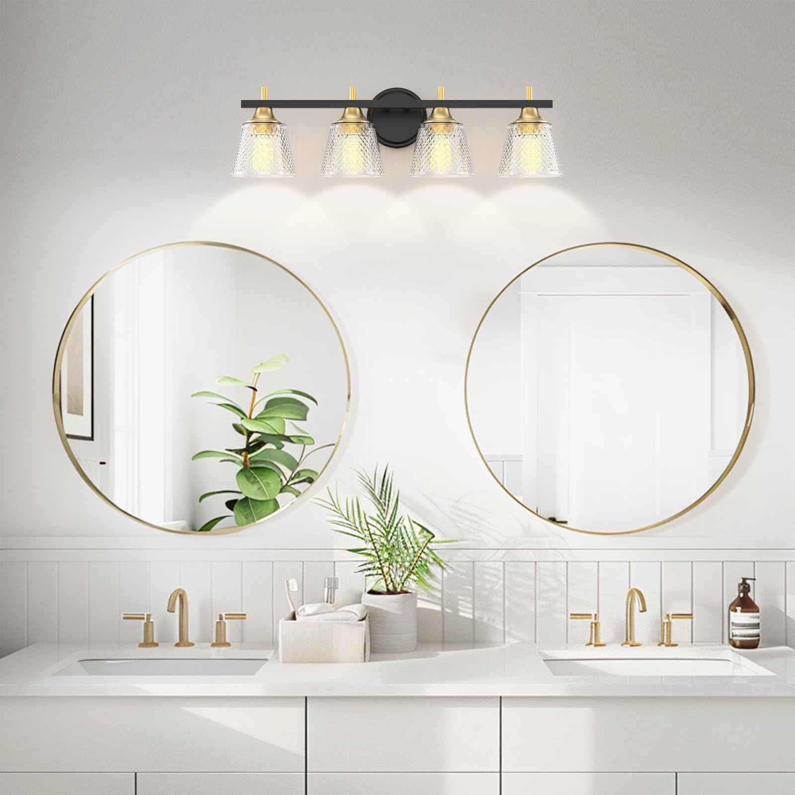 LED Vanity Light, 30inch Dimmable Bathroom Light Fixtures Over Mirror, 15W 6000K Black and Gold Modern Linear Vanity Lights, 360°Sconces Wall Lighting Bar(White Light)