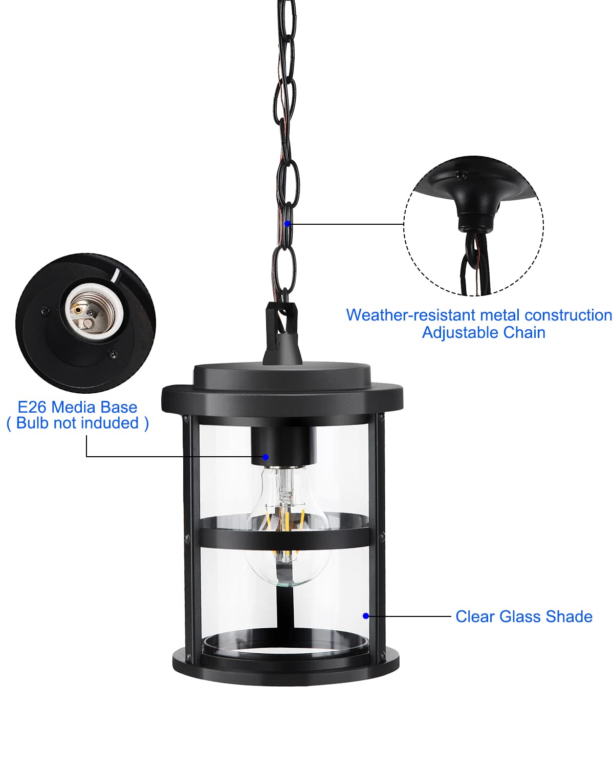 Outdoor Pendant Lantern, Pendant Light in Black Finish for Porch, 1-Pack Exterior Hanging Lantern with Clear Glass and Adjustable Chain,Gazebo Light Fixture for Patio Garage Entryway