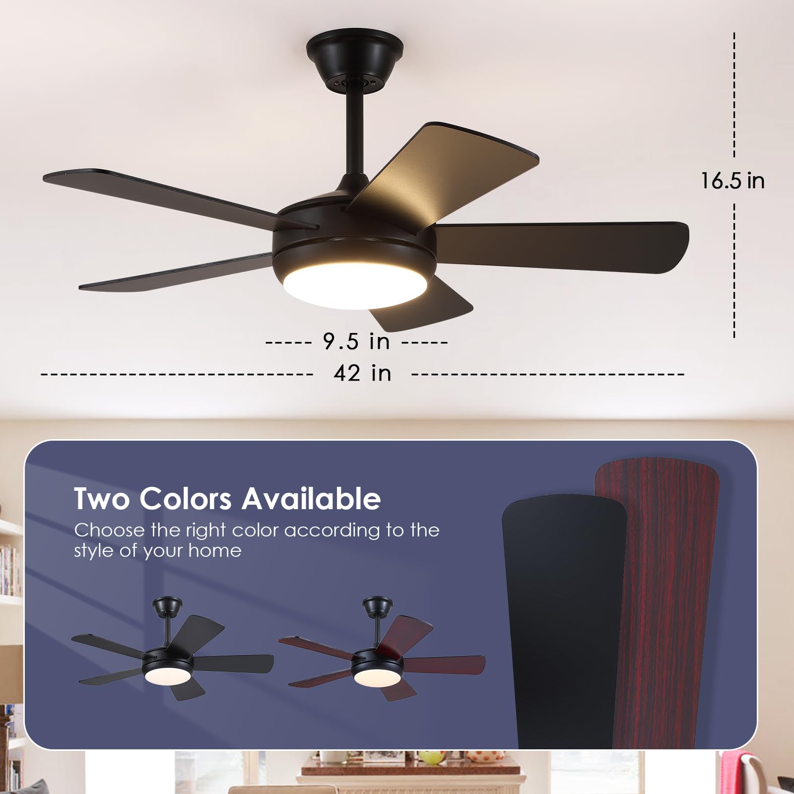 Ceiling Fans with Lights - 42" Black Outdoor Ceiling Fan with Light and Remote, Dimmable and Reversible Motor, Modern Low Profile Ceiling Fan Lights for Indoor Bedroom/Outdoor Covered Patio…