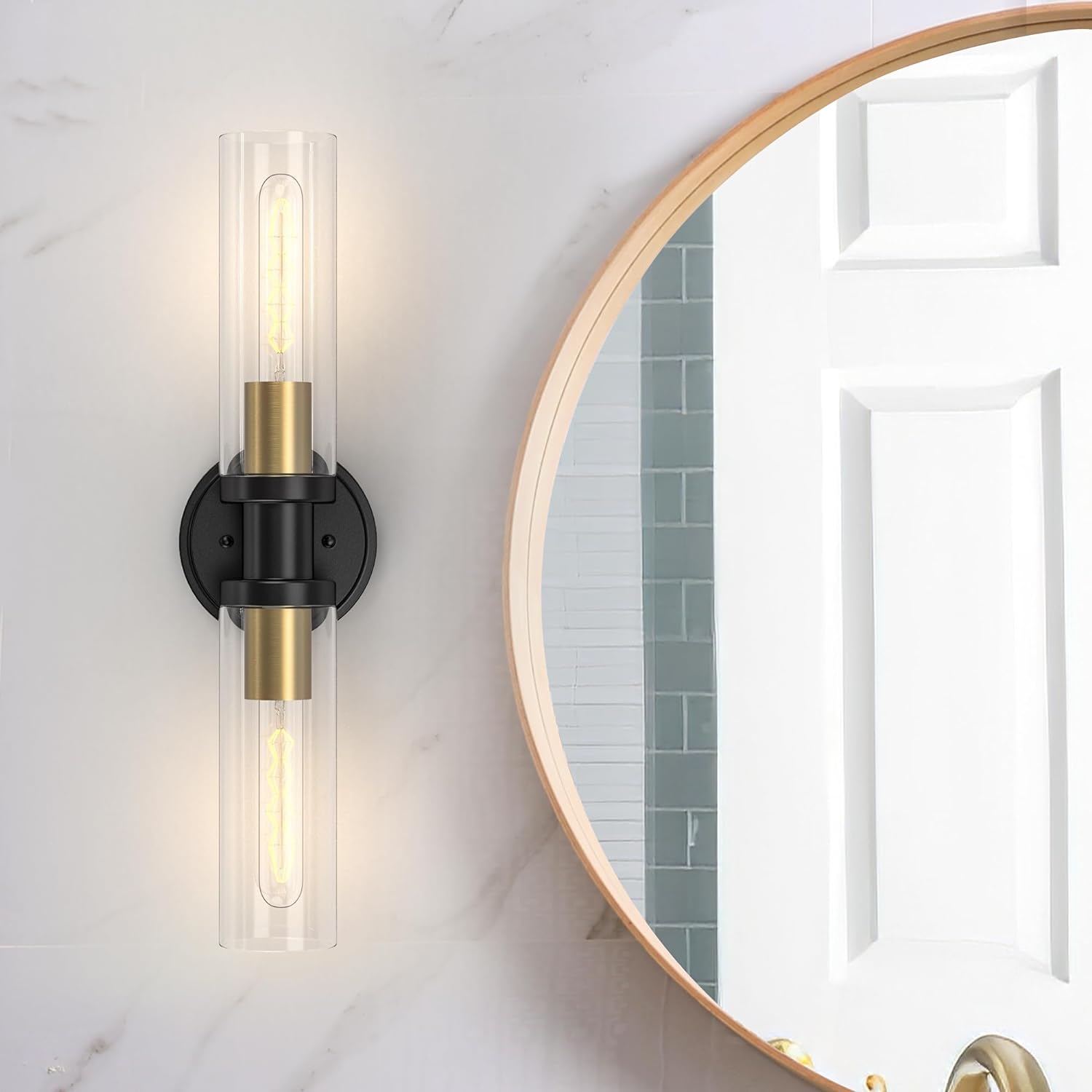 Bathroom Light Fixtures 2-Light Black & Gold, Bathroom Vanity Lights Over Mirror, Wall Sconces, Industrial Bathroom Lighting, Modern Brushed Brass Vanity Lighting Fixtures w/Glass Shades