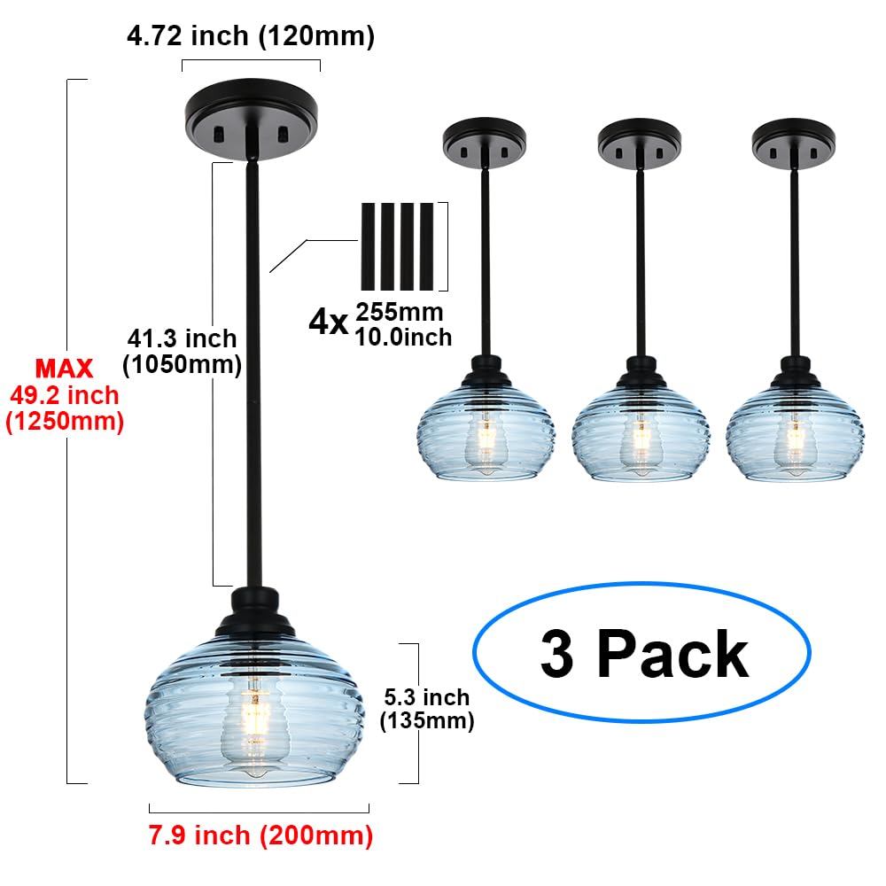 30.3 Inches Kitchen Island Lighting with Clear Water Ripple Glass Shade, 3-Light Mid Century Modern Chandelier Black Dining Room Light Fixtures Over Table, Adjustable Height