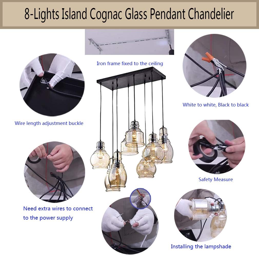 Vintage 8-Lights Island Cognac Glass Cluster Pendant Chandelier Antique Black Finish Glass Ceiling Lights for Dining Room, Cafe, Bar