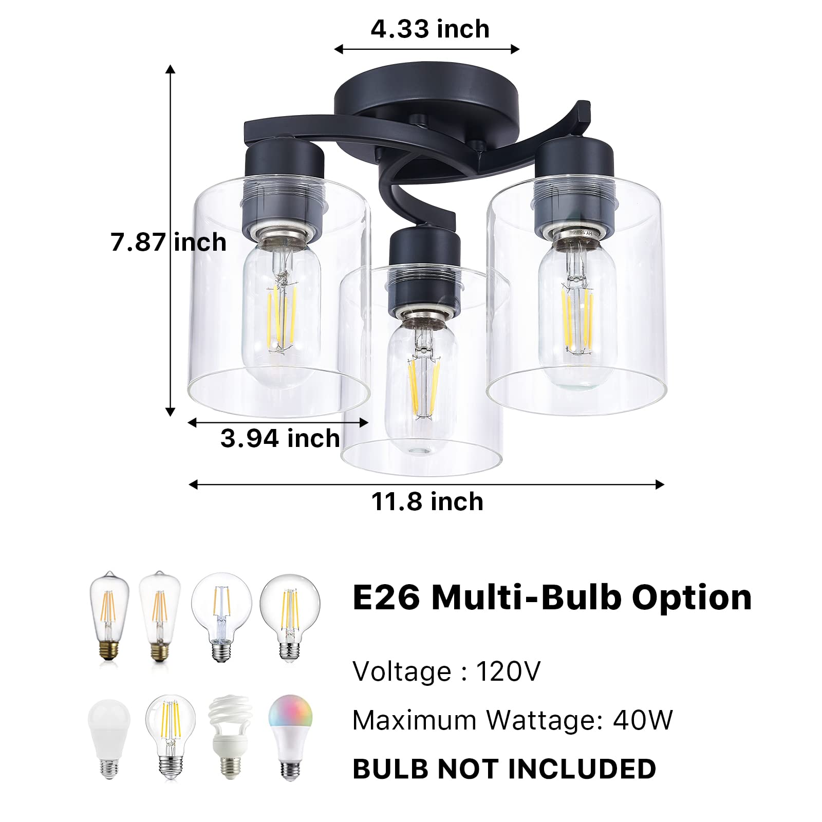 Semi Flush Mount Ceiling Light, 3-Light Close to Ceiling Light Fixtures, Black Kitchen Light Fixtures with Clear Glass Shades, Hallway Light Fixtures Ceiling Mount for Foyer Entryway