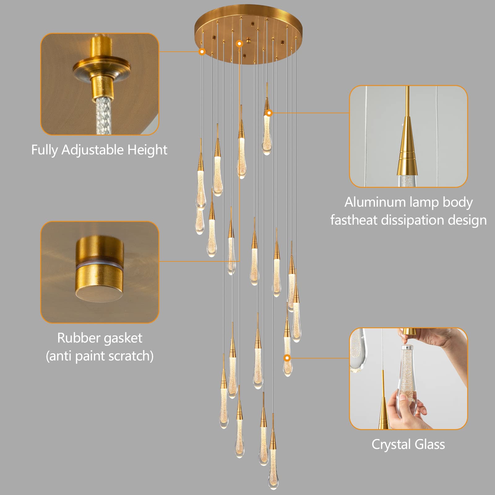 Kitchen Light Fixtures Ceiling Dimmable LED Modern Gold Pendant Light Mini Teardrop Crystal Pendant Light for Kitchen Island Bedroom Hallway Entryway (5-Light)