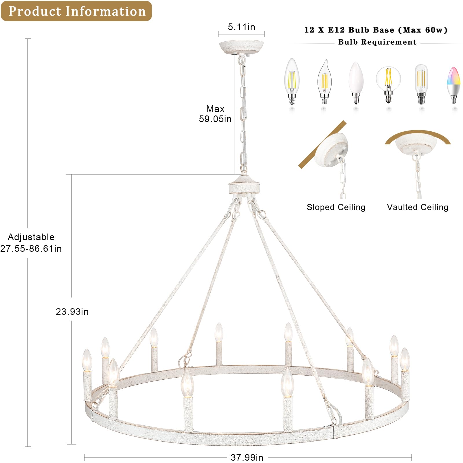 White Wagon Wheel Chandelier 38 Inch, 12-Light Farmhouse Wagon Wheel Chandeliers for Dining Room Light Fixture Round Large White Chandeliers for High Ceilings Living Room Kitchen Entryway