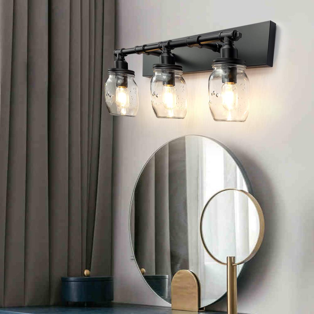 Bathroom Wall Light Fixtures, Industrial Mason Jar Vanity Light, Wall Sconce with Black Finish (3 Lights)