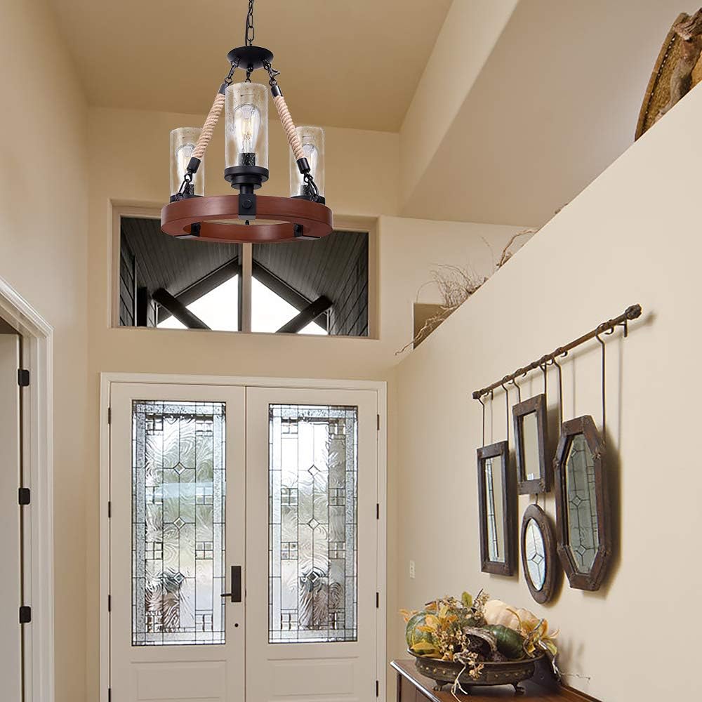 Farmhouse Chandelier, Wood Wagon Wheel Chandelier with Seeded Glass Shade, Hanging Rustic Round 3 Lights Ceiling Pendant Lighting Fixture for Dining Room, Living Room,Foyer, Kitchen Island