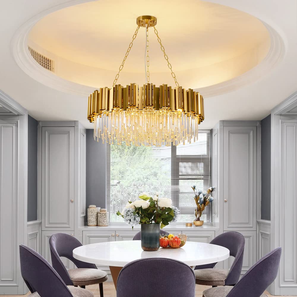 Modern K9 Crystal Pendant Lighting, Round Gold Crystal Chandelier Contemporary Luxury Pendant Ceiling Lighting Fixture for Dining Living Room Kitchen Island, Antique Gold