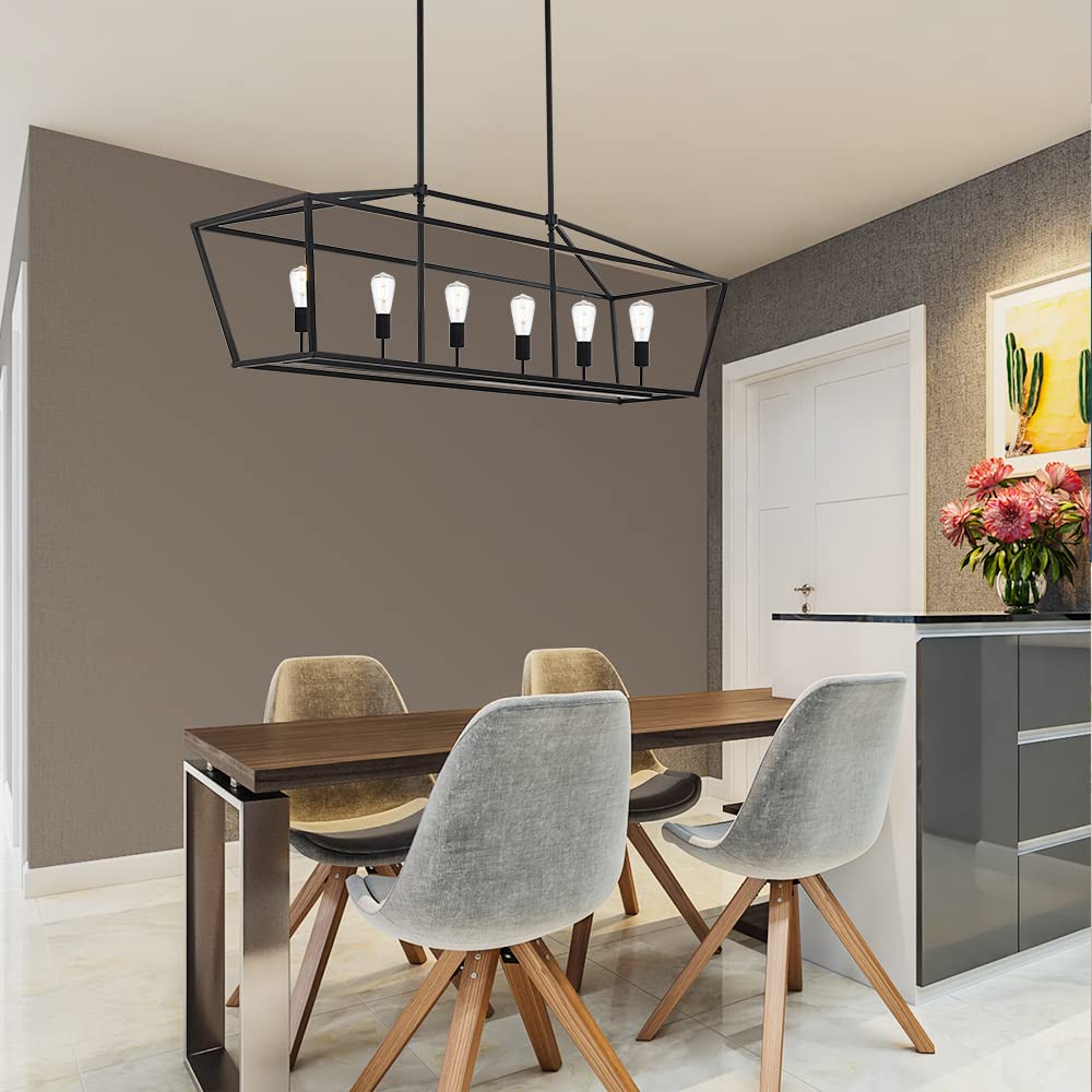 Modern 4 Light Farmhouse Chandelier Gold Linear Kitchen Island Pendant Light Traditional Rectangular Dining Room Lighting Fixture Hanging Metal Cage Pendant Lamp for Hallway Foyer