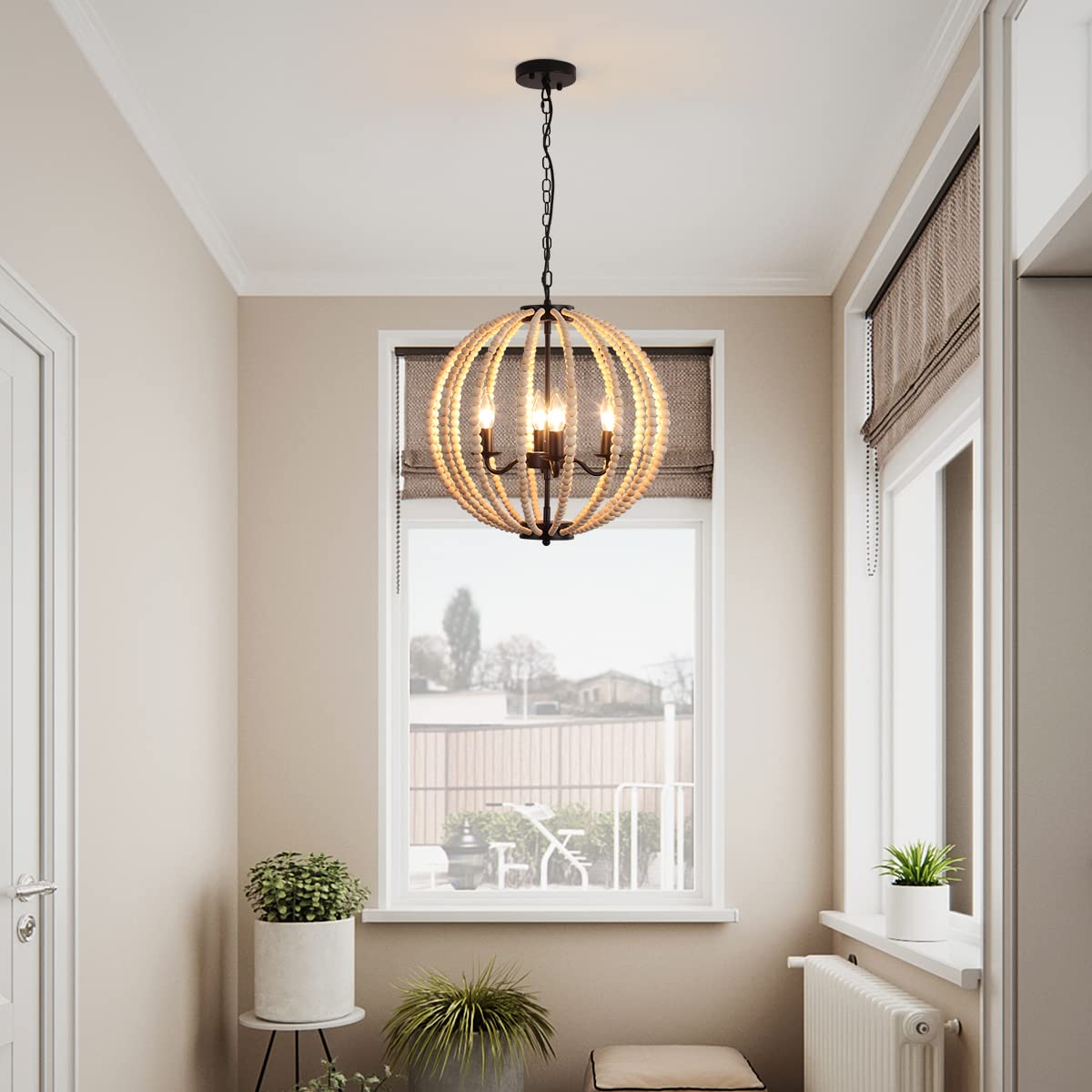 Modern Wooden Beads Dandelion Chandelier, Firework Pendant Lighting, 8-Lights Boho Hanging Light Fixture for Living Room Dining Room Bedroom Kitchen Foyer（Bulb is Included）