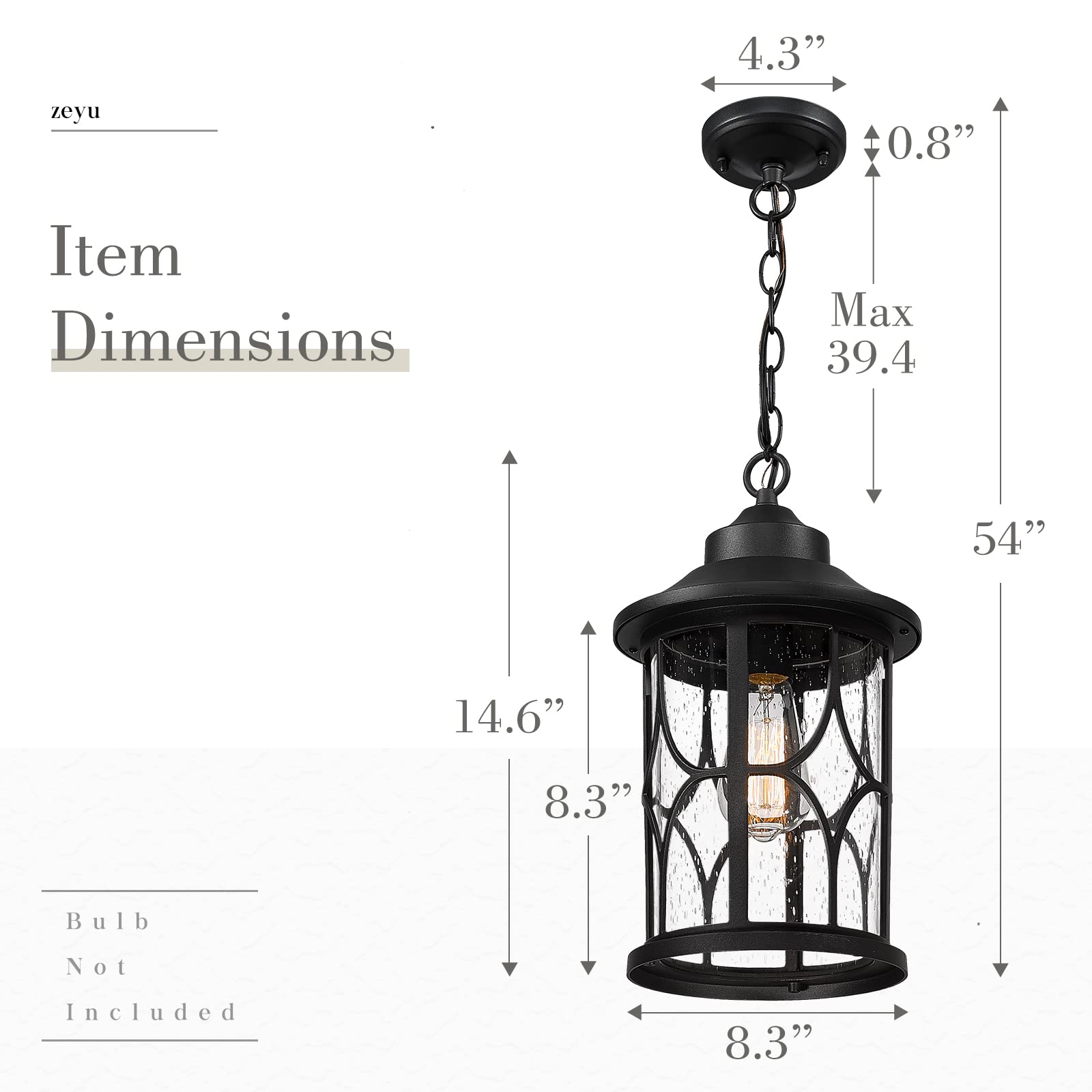 Outdoor Pendant Light for Porch - 12 Inch Farmhouse Exterior Hanging Lantern with Seeded Glass, Black Finish, ZX48H BK