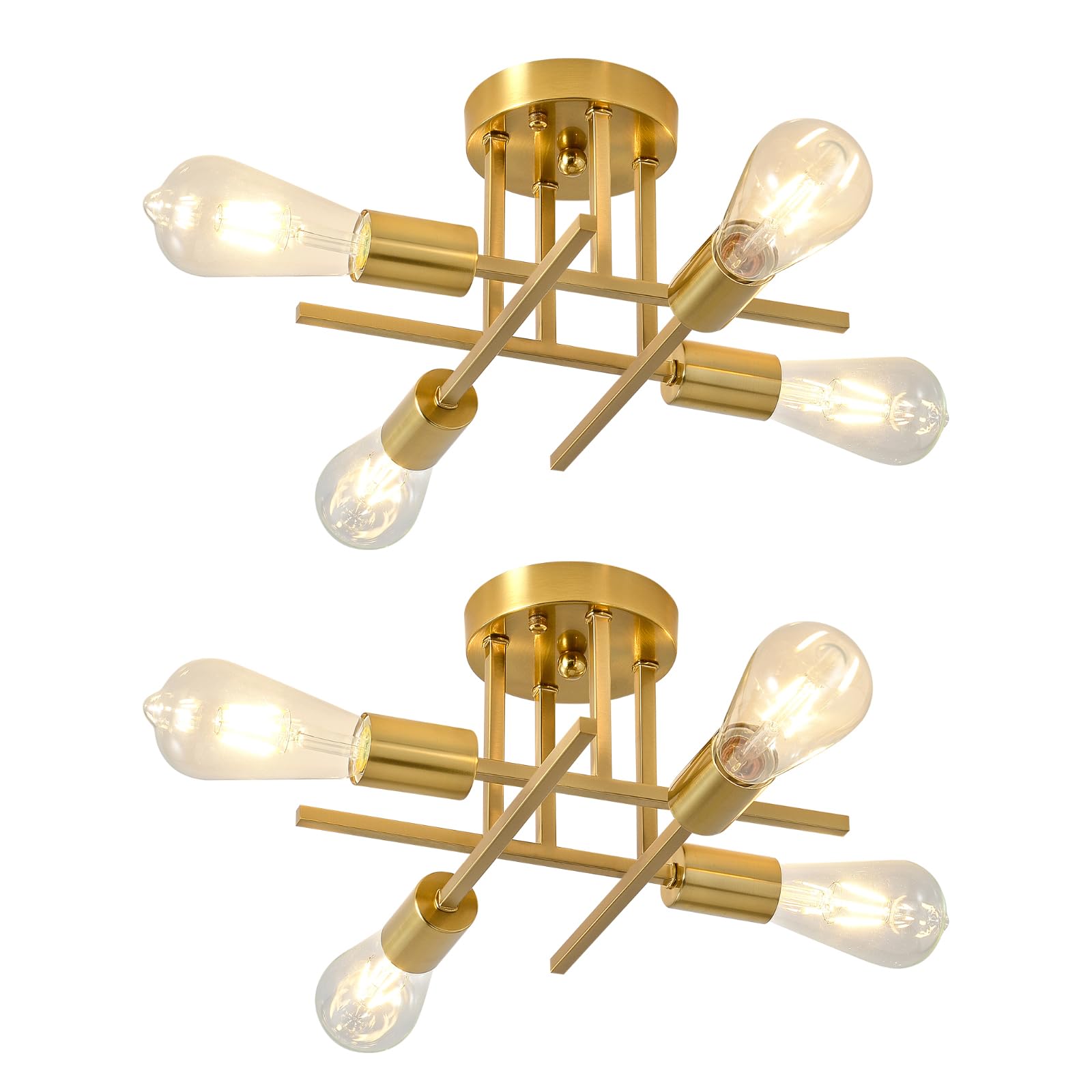 4-Light Modern Sputnik Chandelier, Mid Century Ceiling Light Fixture, Gold Black Semi Flush Mount Ceiling Lights for Dining Room Bedroom Foyer Hallway Kitchen Office (2 Pack)