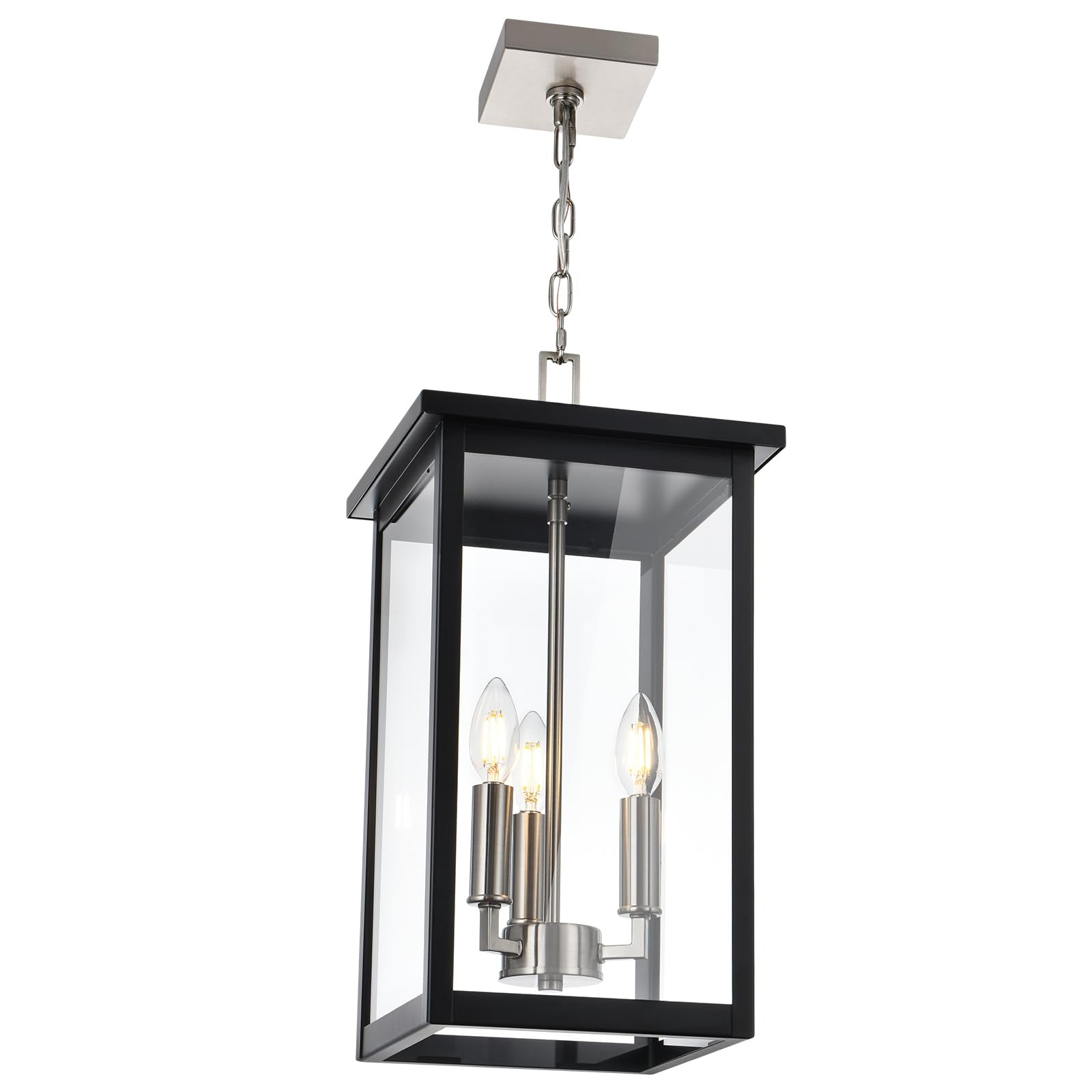 3-Lights Large Outdoor Pendant Lighting Clear Glass, Ceiling Porch Light Fxitures Adjustable Chain for Foyer Patio, Exterior Hanging Lantern Lamp, E12 Bulb Base, Black & Bruhed Brass