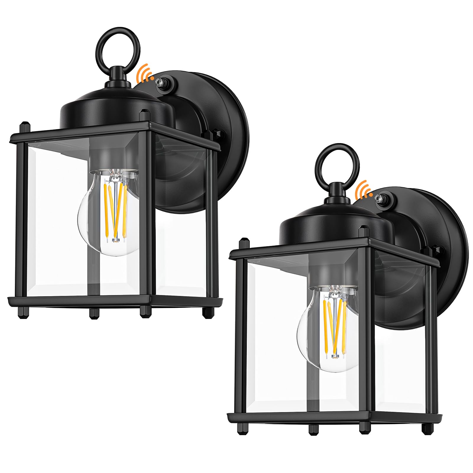 Sensor Outdoor Wall Sconce, Exterior Waterproof Wall Mount Lanterns, Black Front Porch Lights with Clear Beveled Glass, 2 Pack