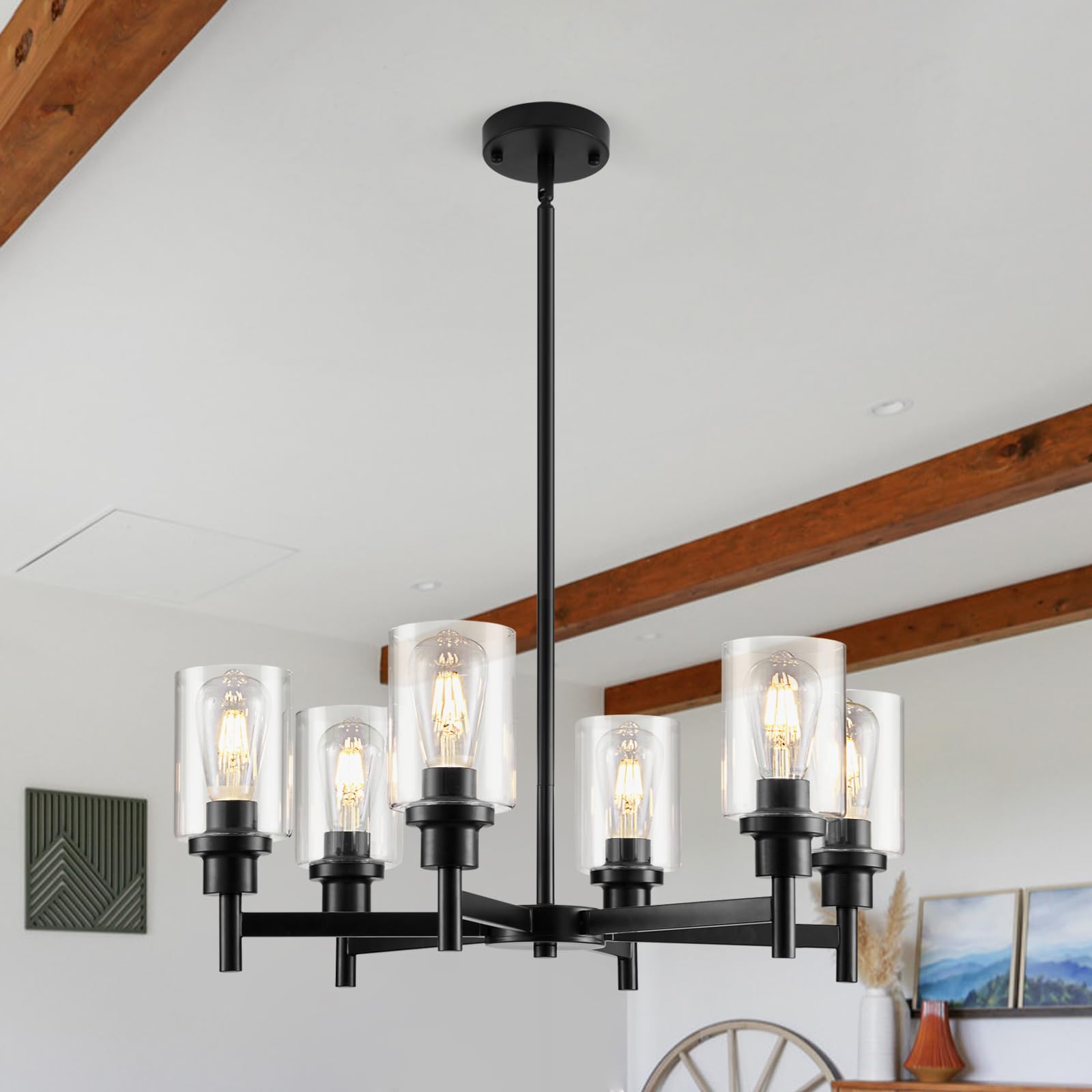 4 Lights Black Dining Room Light Fixture Chandelier, Farmhouse Contemporary Modern Pendant Ceiling Hanging Lighting with Glass Shade for Dinning Room Kitchen Island Foyer Hallway