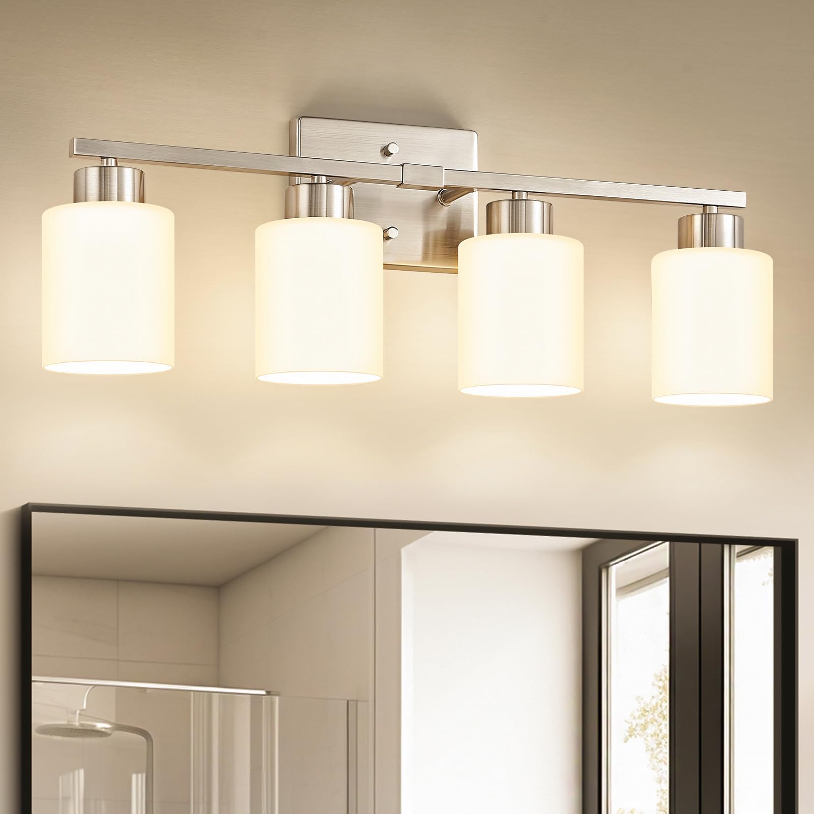 Brushed Nickel Bathroom Light Fixtures, 3-Light Modern Vanity Light Over Mirror, Wall Sconces with Milky White Frosted Glass Shades, E26 Socket (Bulbs Not Included)