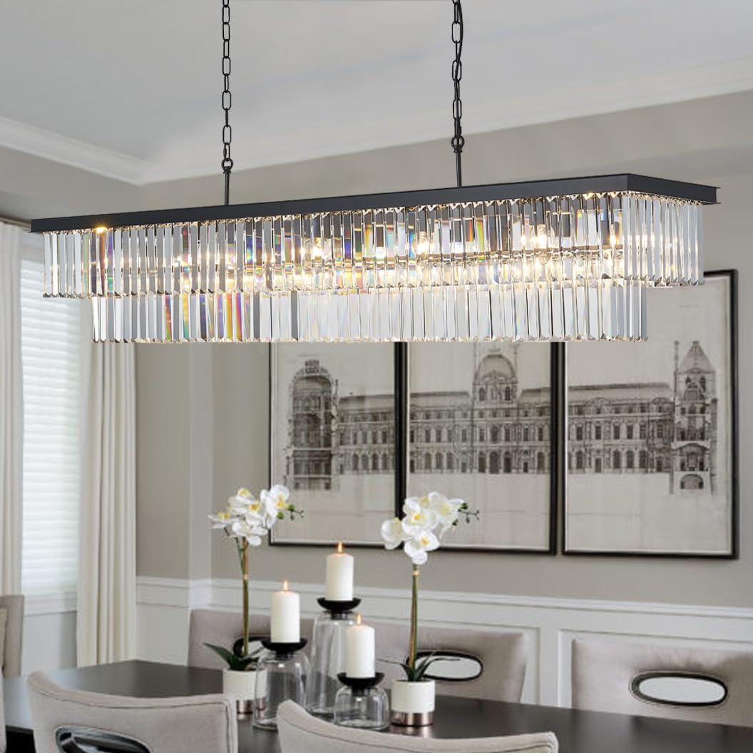 Rectangle Black Modern Chandeliers for Dining Rooms - L47 Inches Luxury Crystal Chandelier Lighting, Glass Shade Pendant Ceiling Light Fixtures for Kitchen Island, Bar