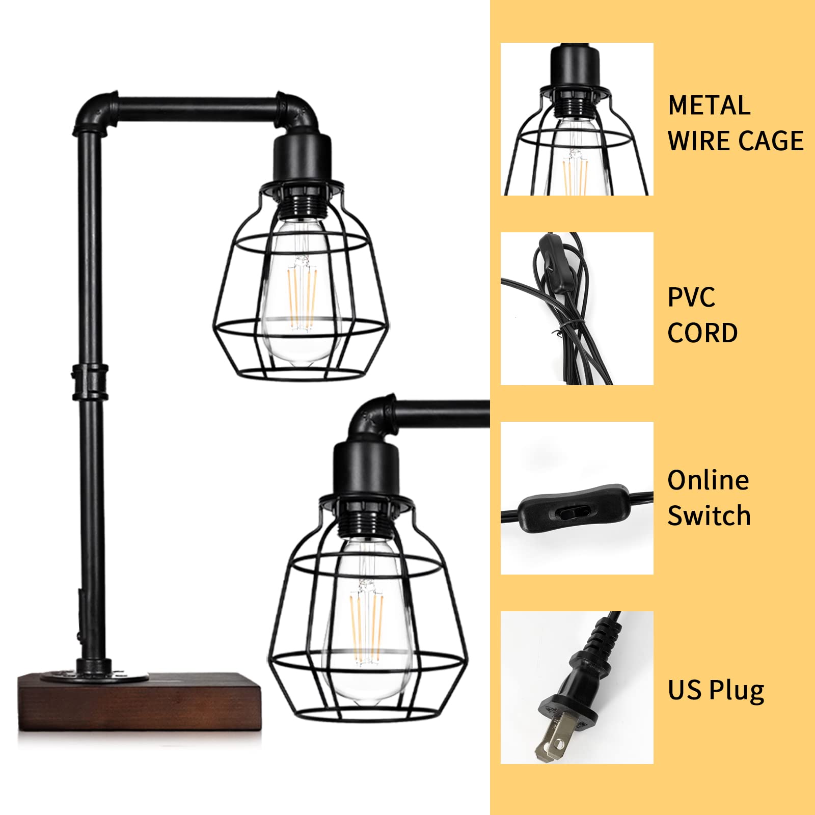 CONCA Industrial Steampunk Table Lamp, Edison Bulb, Metal, A-Black, 19.6x11.7x5.35 inches, 3 lbs, E26 Base, 800 Lumen, 120V