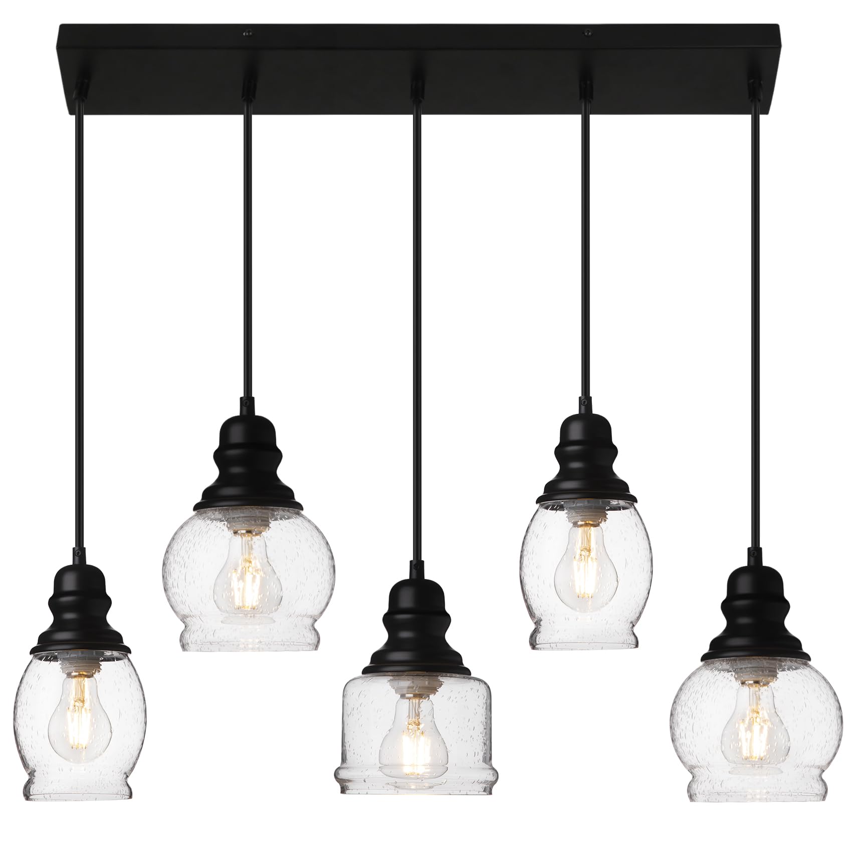 WILON Industrial Pendant Lighting, Pendant Lights for Kitchen Island 3 Light Glass Pendant Light Fixture with Seeded Glass Shade, Adjustable Cord Farmhouse Ceiling Light Black finish Linear Chandelier