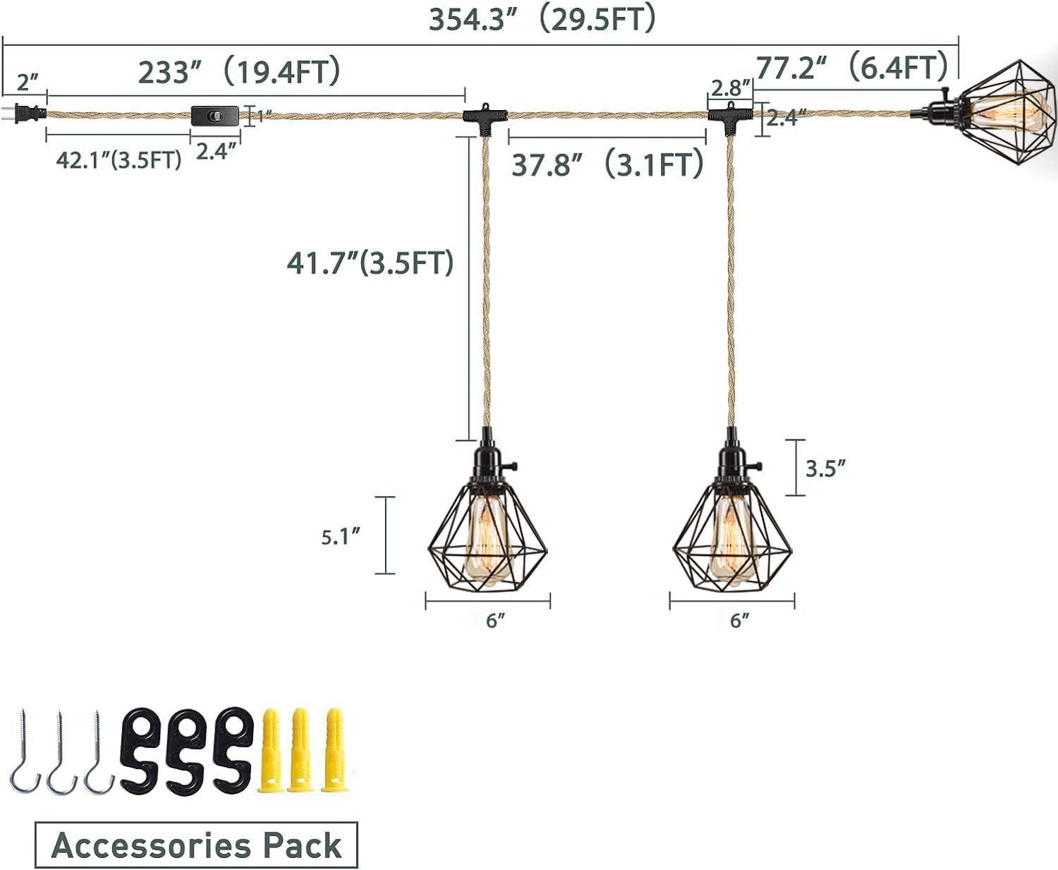 Triple Pendant Light with Plug in Pendant Light,22FT Industrial Hanging Lamp with Twisted Hemp Rope Independent Triple Switch Hanging Light Chandelier,Black Finish