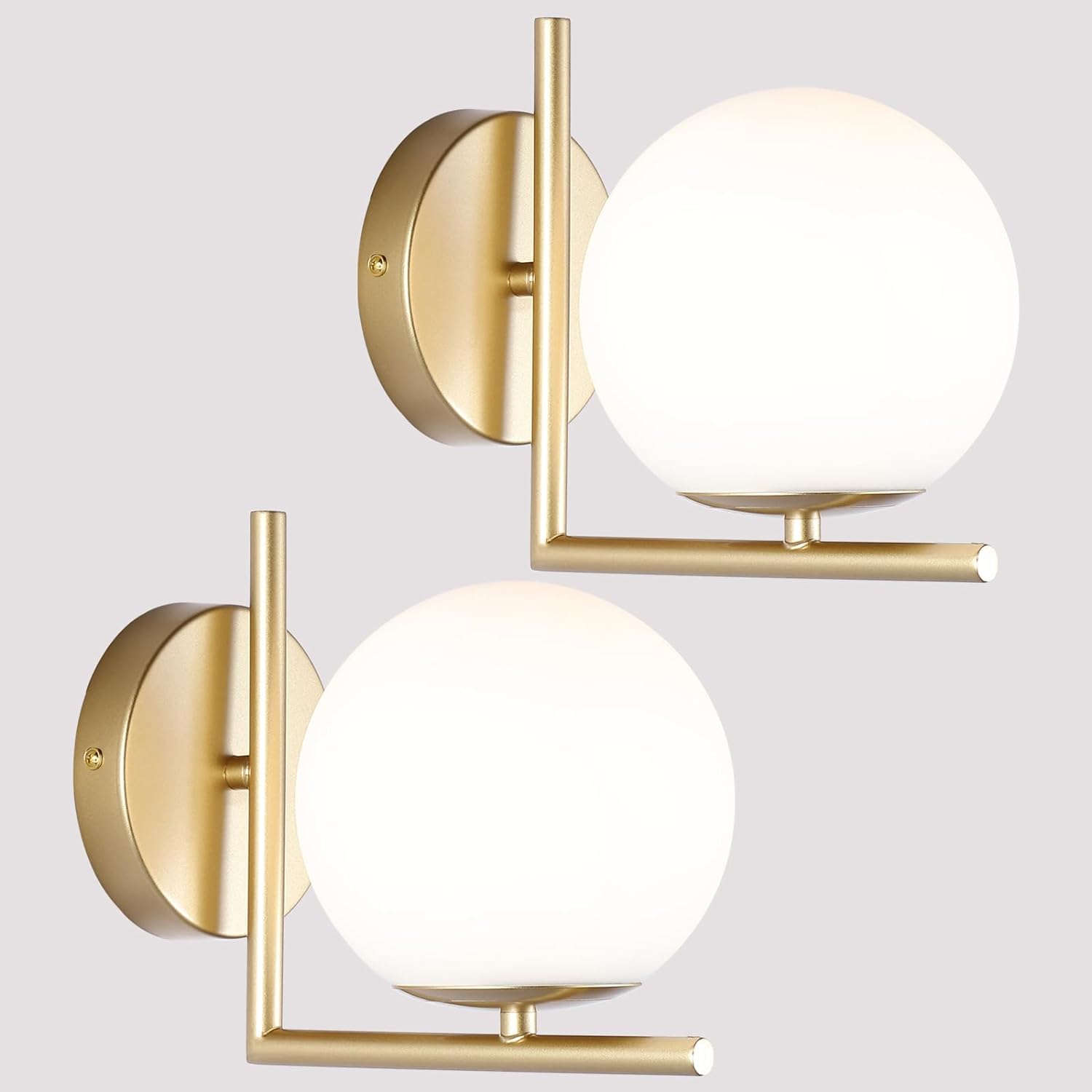 Gold Mid Century Wall Sconces Set of Two,Modern Sconces Wall Lighting Decor with Globe Milky White Glass Shade for Bedroom Kitchen Hallway Living Room Bathroom Vanity Light Fixture